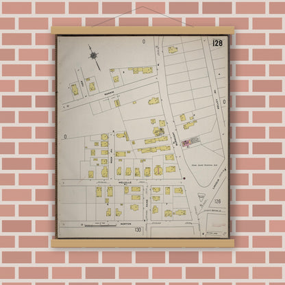 Old map wall art mockup — magnetic wood frame on brick wall — Sanborn Fire Insurance Map from Worcester, Worcester County, Massachusetts (1910), Sheet #0128