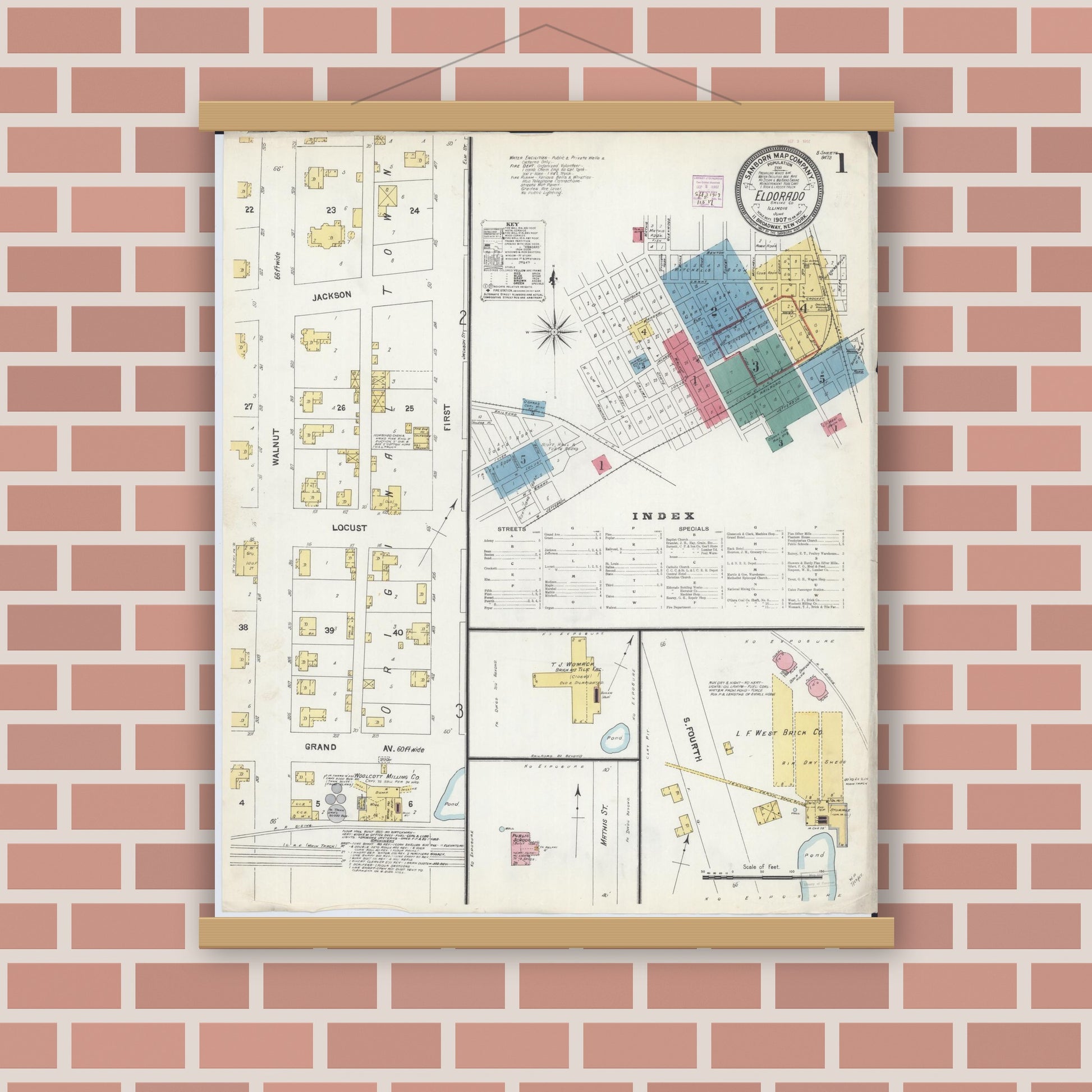 Old map wall art mockup — magnetic wood frame on brick wall — Sanborn Fire Insurance Map from Eldorado, Saline County, Illinois (1907), Sheet #0001