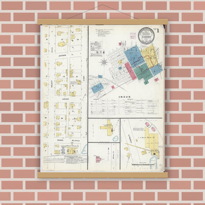 Old map wall art mockup — magnetic wood frame on brick wall — Sanborn Fire Insurance Map from Eldorado, Saline County, Illinois (1907), Sheet #0001