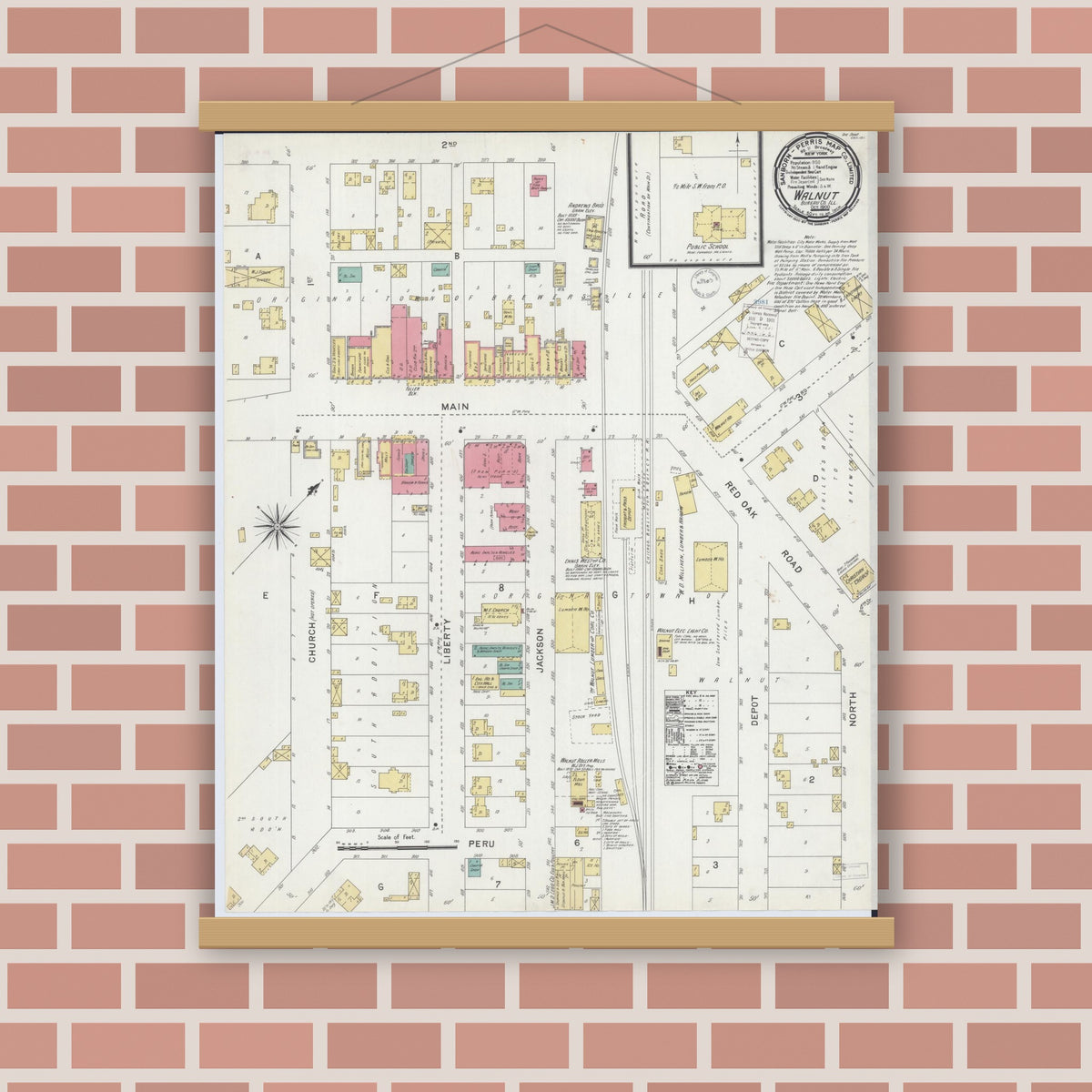 Old map wall art mockup — magnetic wood frame on brick wall — Sanborn Fire Insurance Map from Walnut, Bureau County, Illinois (1900), Sheet #0001