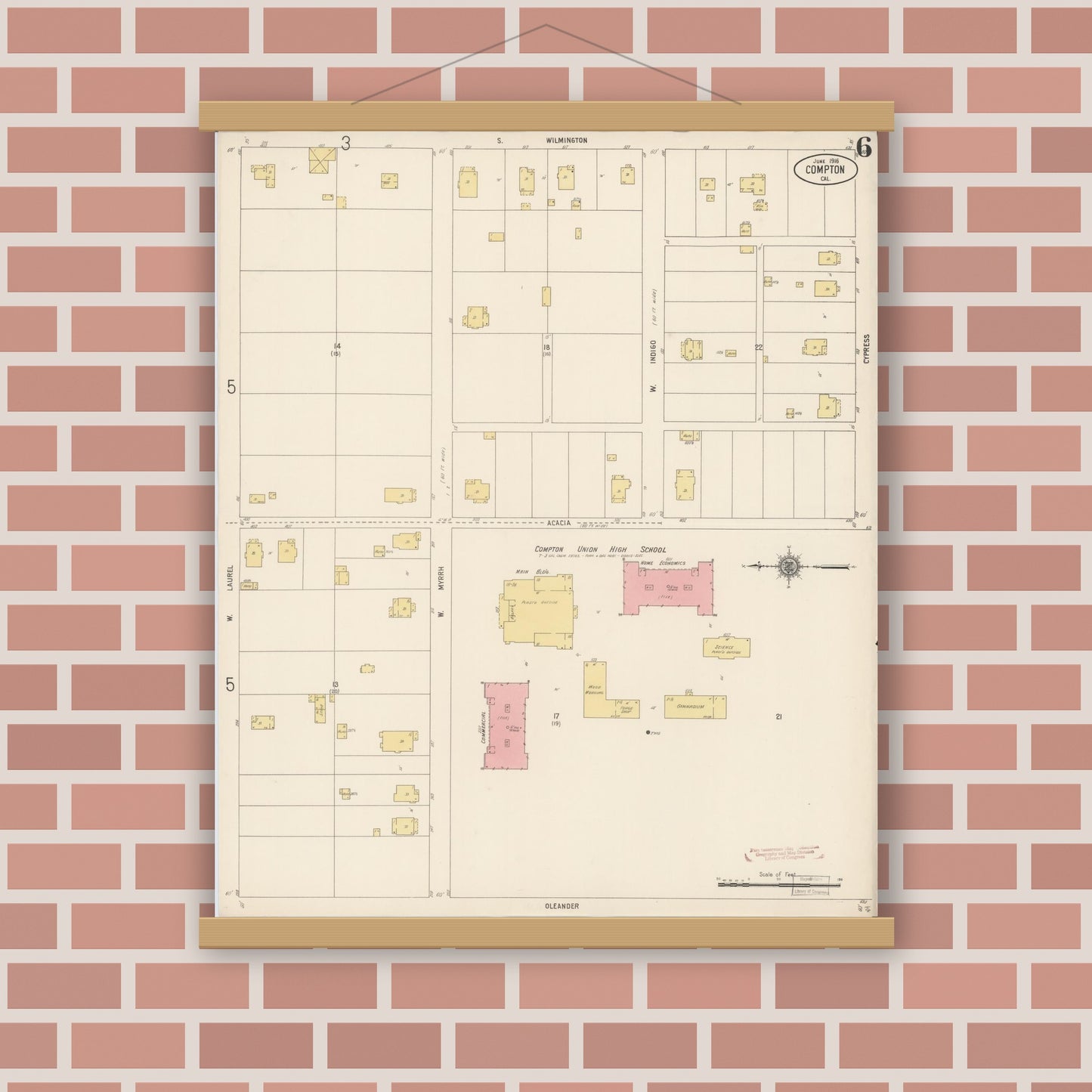 Old map wall art mockup — magnetic wood frame on brick wall — Sanborn Fire Insurance Map from Compton, Los Angeles County, California (1916), Sheet #0006