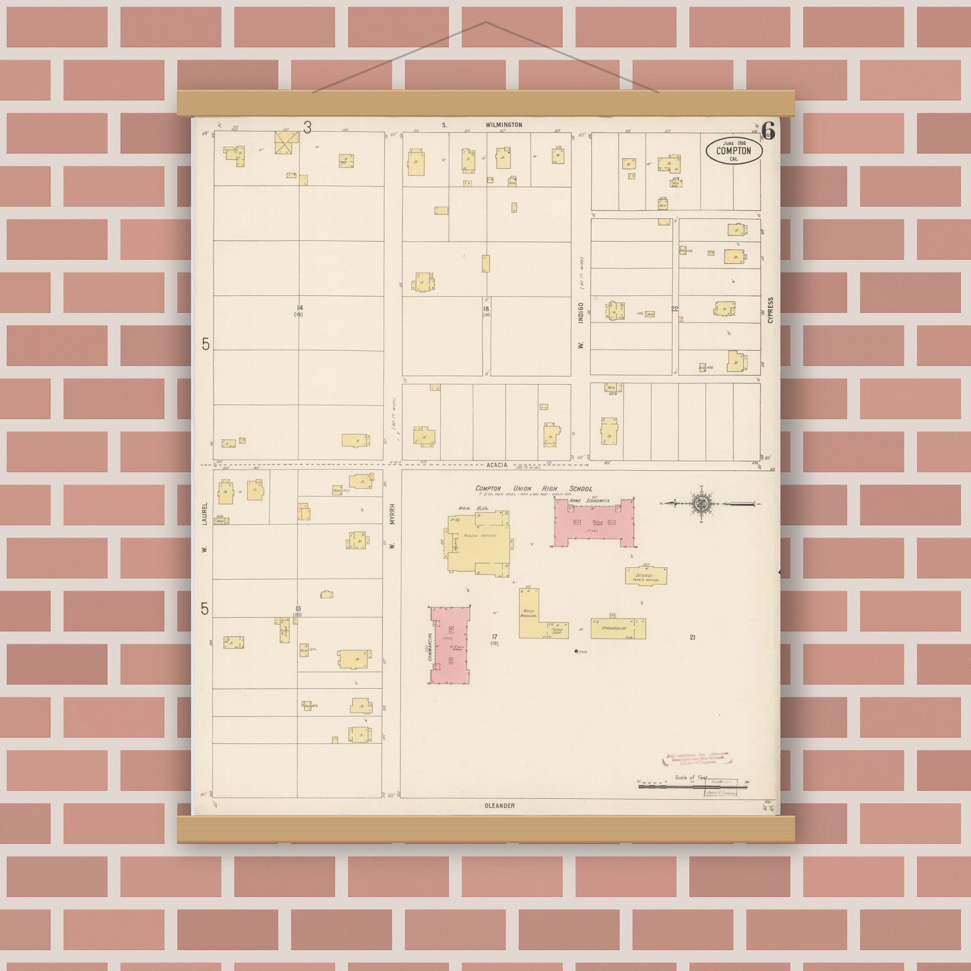 Old map wall art mockup — magnetic wood frame on brick wall — Sanborn Fire Insurance Map from Compton, Los Angeles County, California (1916), Sheet #0006