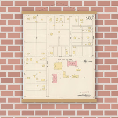 Old map wall art mockup — magnetic wood frame on brick wall — Sanborn Fire Insurance Map from Compton, Los Angeles County, California (1916), Sheet #0006