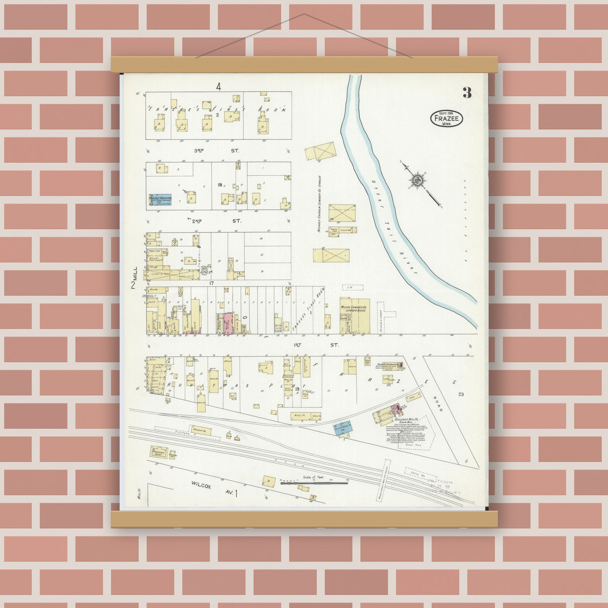 Old map wall art mockup — magnetic wood frame on brick wall — Sanborn Fire Insurance Map from Frazee, Becker County, Minnesota (1914), Sheet #0003