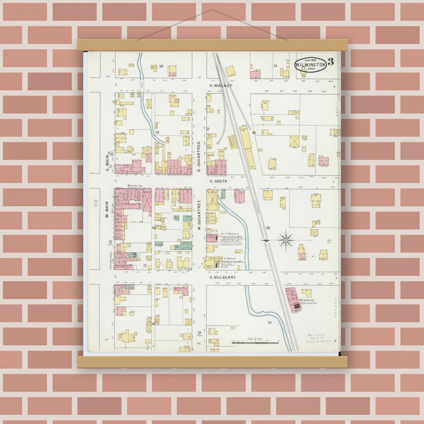 Old map wall art mockup — magnetic wood frame on brick wall — Sanborn Fire Insurance Map from Wilmington, Clinton County, Ohio (1895), Sheet #0003