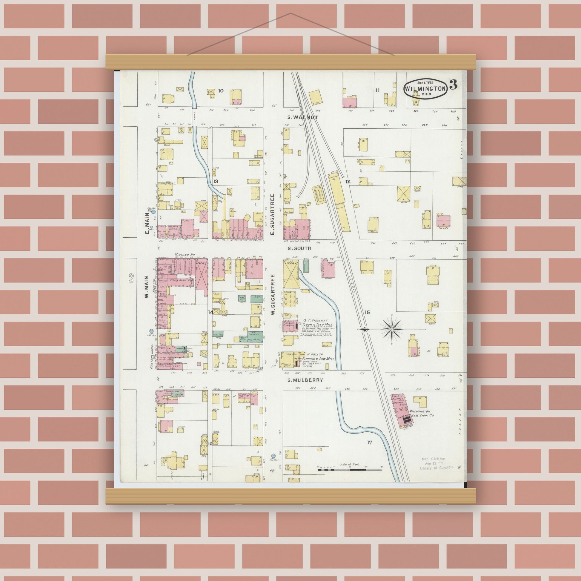 Old map wall art mockup — magnetic wood frame on brick wall — Sanborn Fire Insurance Map from Wilmington, Clinton County, Ohio (1895), Sheet #0003