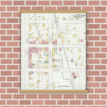 Old map wall art mockup — magnetic wood frame on brick wall — Sanborn Fire Insurance Map from Wilmington, Clinton County, Ohio (1895), Sheet #0003
