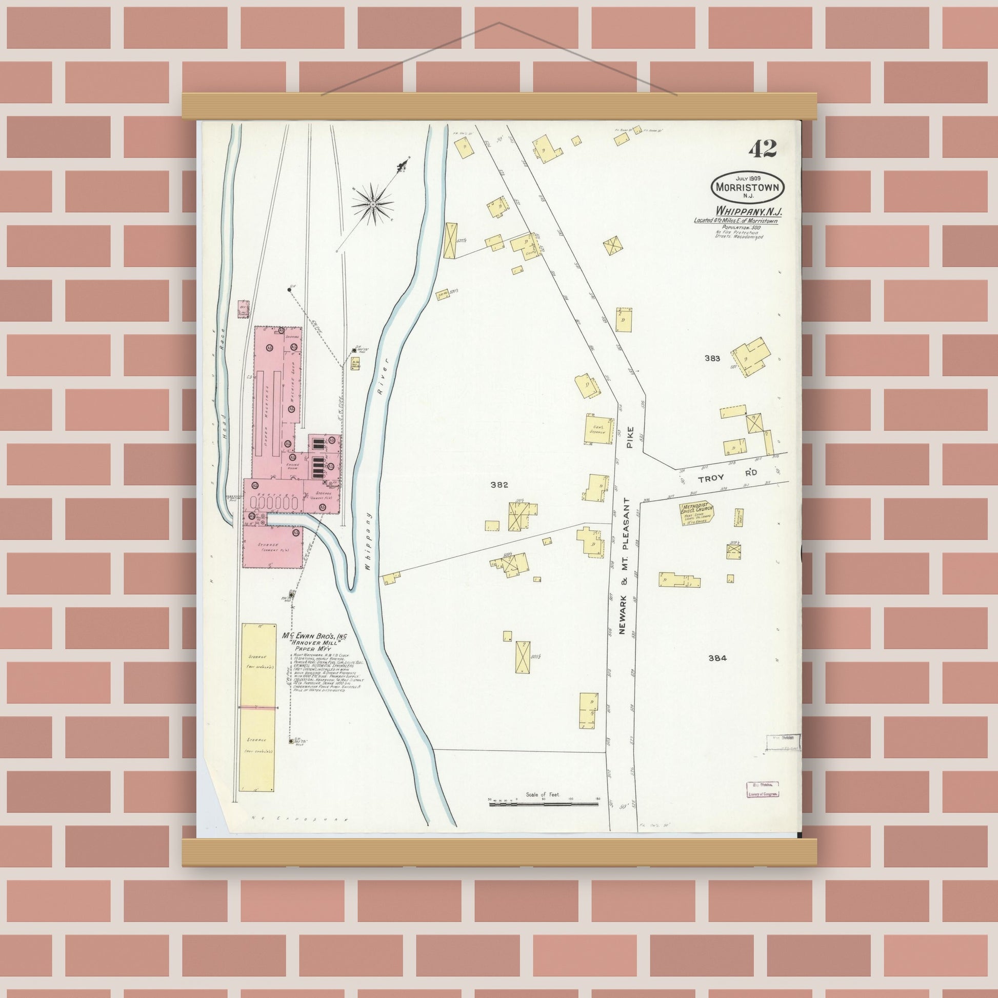 Old map wall art mockup — magnetic wood frame on brick wall — Sanborn Fire Insurance Map from Morristown, Morris County, New Jersey (1909), Sheet #0042