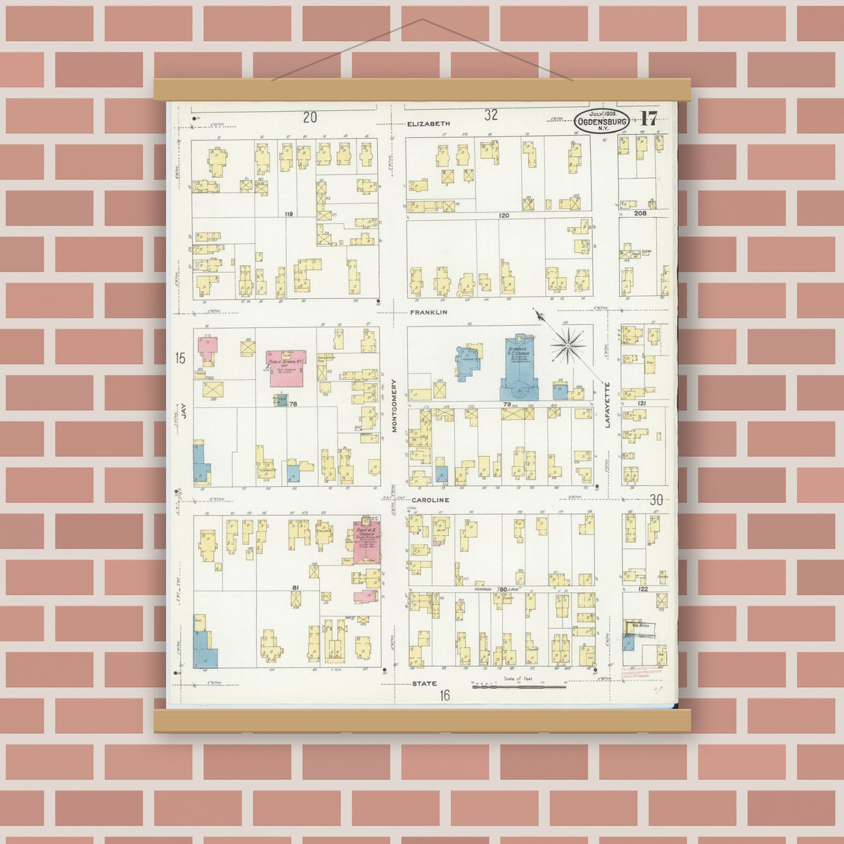 Old map wall art mockup — magnetic wood frame on brick wall — Sanborn Fire Insurance Map from Ogdensburg, St. Lawrence County, New York (1909), Sheet #0017