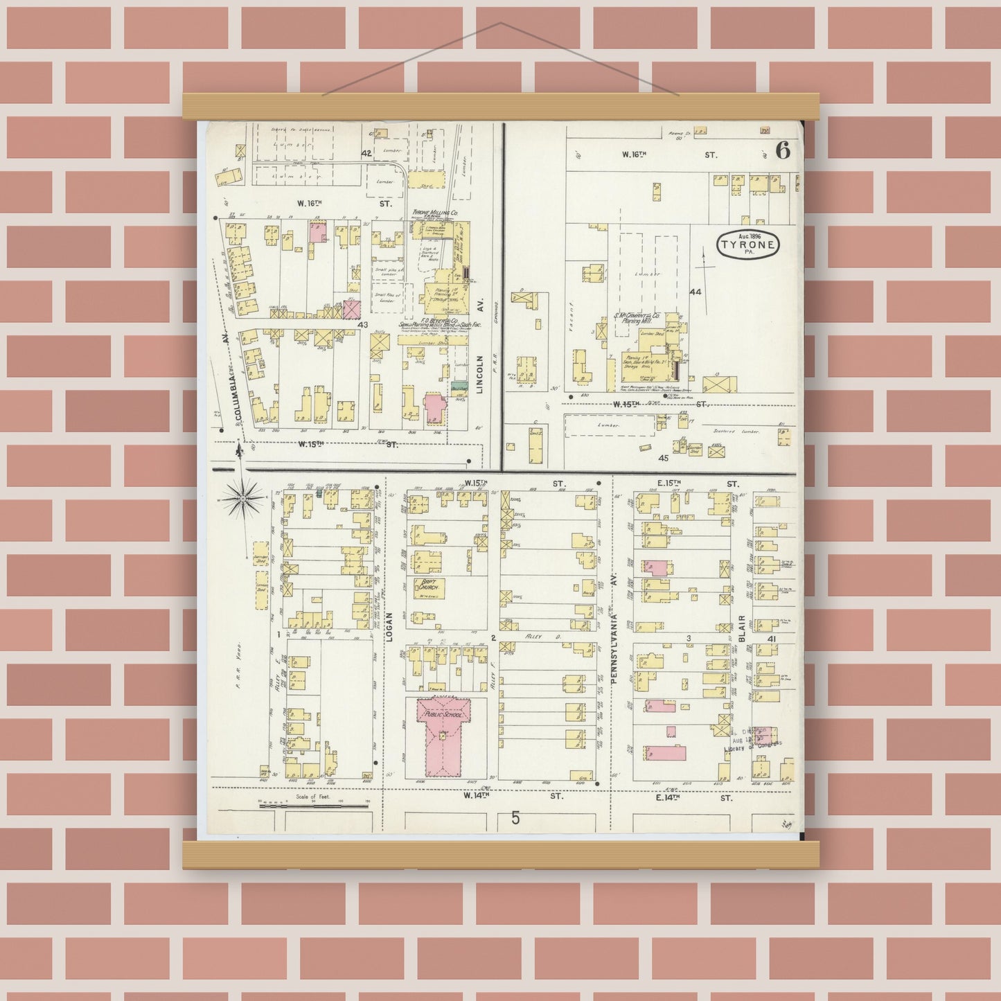 Old map wall art mockup — magnetic wood frame on brick wall — Sanborn Fire Insurance Map from Tyrone, Blair County, Pennsylvania (1896), Sheet #0006