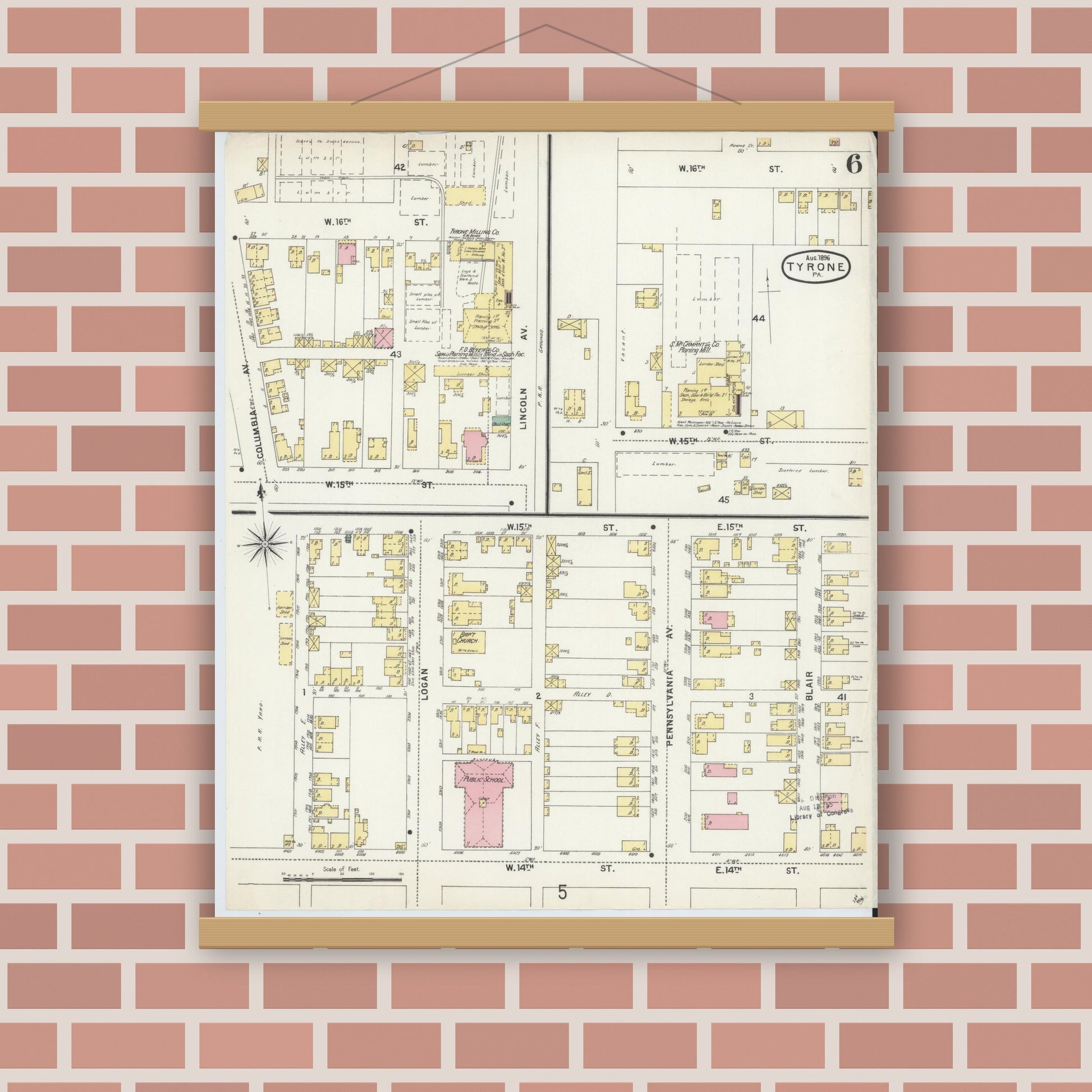 Old map wall art mockup — magnetic wood frame on brick wall — Sanborn Fire Insurance Map from Tyrone, Blair County, Pennsylvania (1896), Sheet #0006
