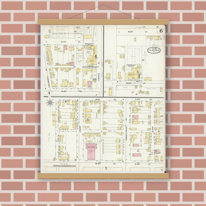 Old map wall art mockup — magnetic wood frame on brick wall — Sanborn Fire Insurance Map from Tyrone, Blair County, Pennsylvania (1896), Sheet #0006
