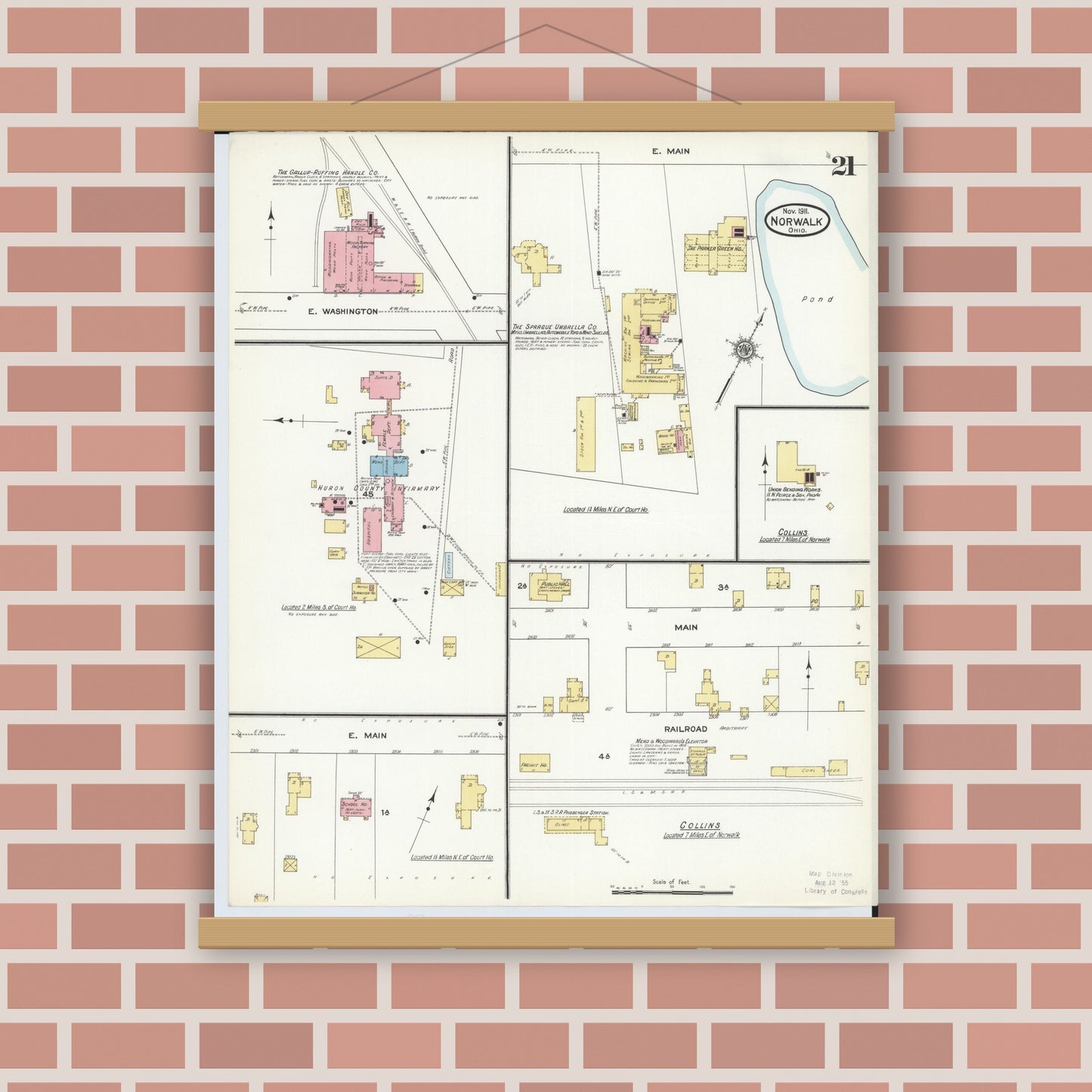 Old map wall art mockup — magnetic wood frame on brick wall — Sanborn Fire Insurance Map from Norwalk, Huron County, Ohio (1911), Sheet #0021