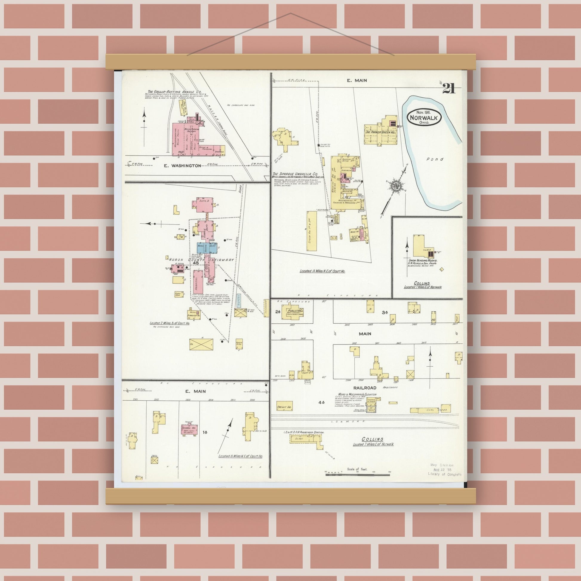 Old map wall art mockup — magnetic wood frame on brick wall — Sanborn Fire Insurance Map from Norwalk, Huron County, Ohio (1911), Sheet #0021