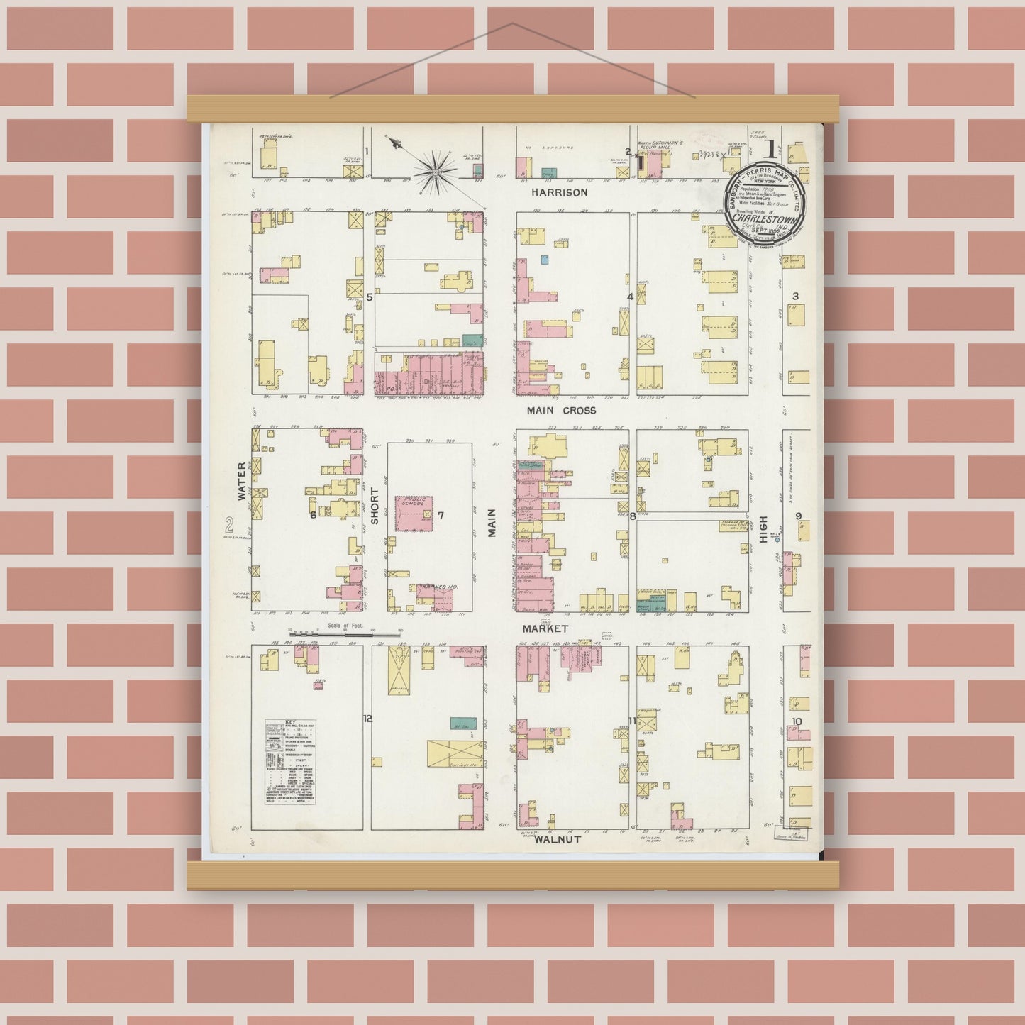 Old map wall art mockup — magnetic wood frame on brick wall — Sanborn Fire Insurance Map from Charlestown, Clark County, Indiana (1892) - Complete Map Set