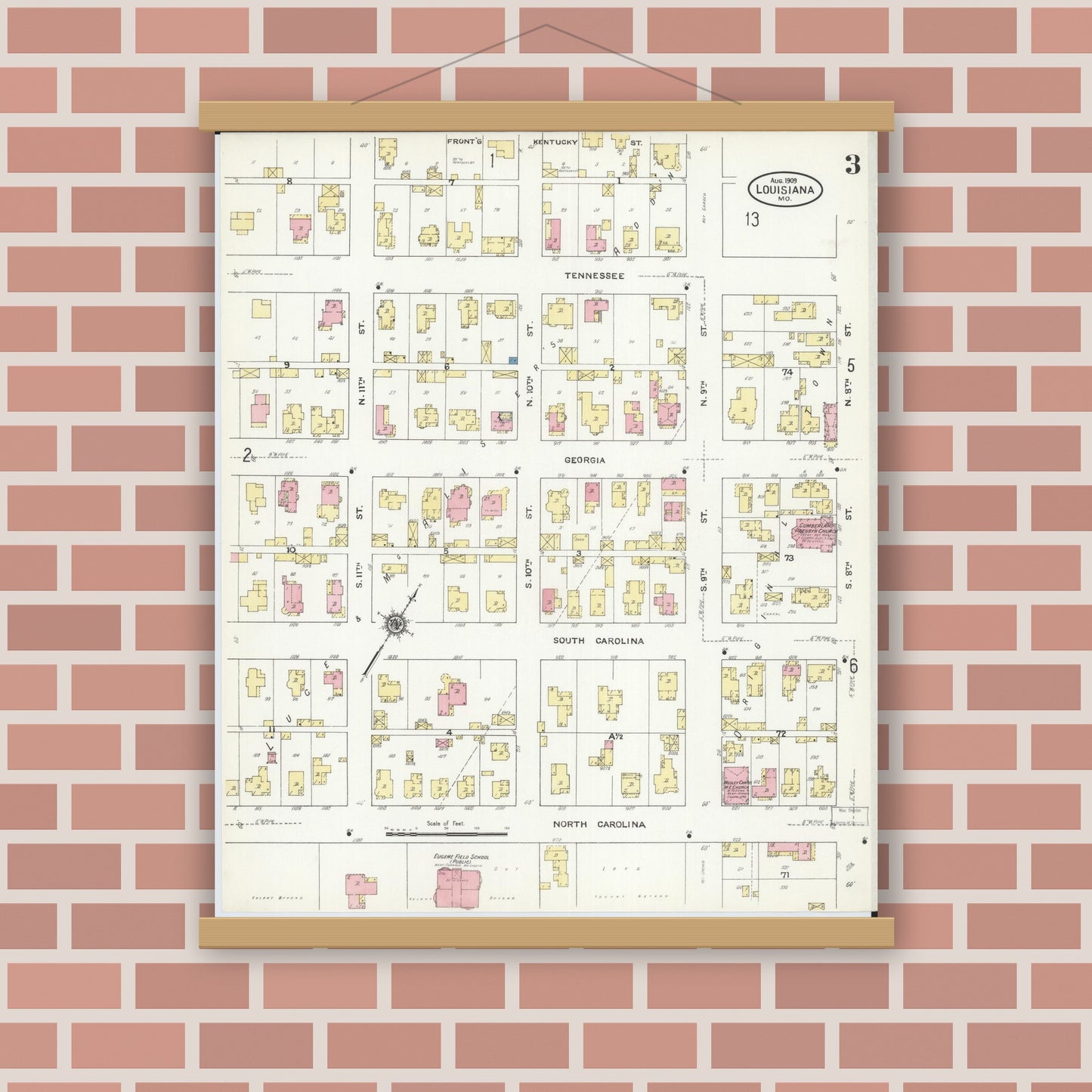 Old map wall art mockup — magnetic wood frame on brick wall — Sanborn Fire Insurance Map from Louisiana, Pike County, Missouri (1909), Sheet #0003