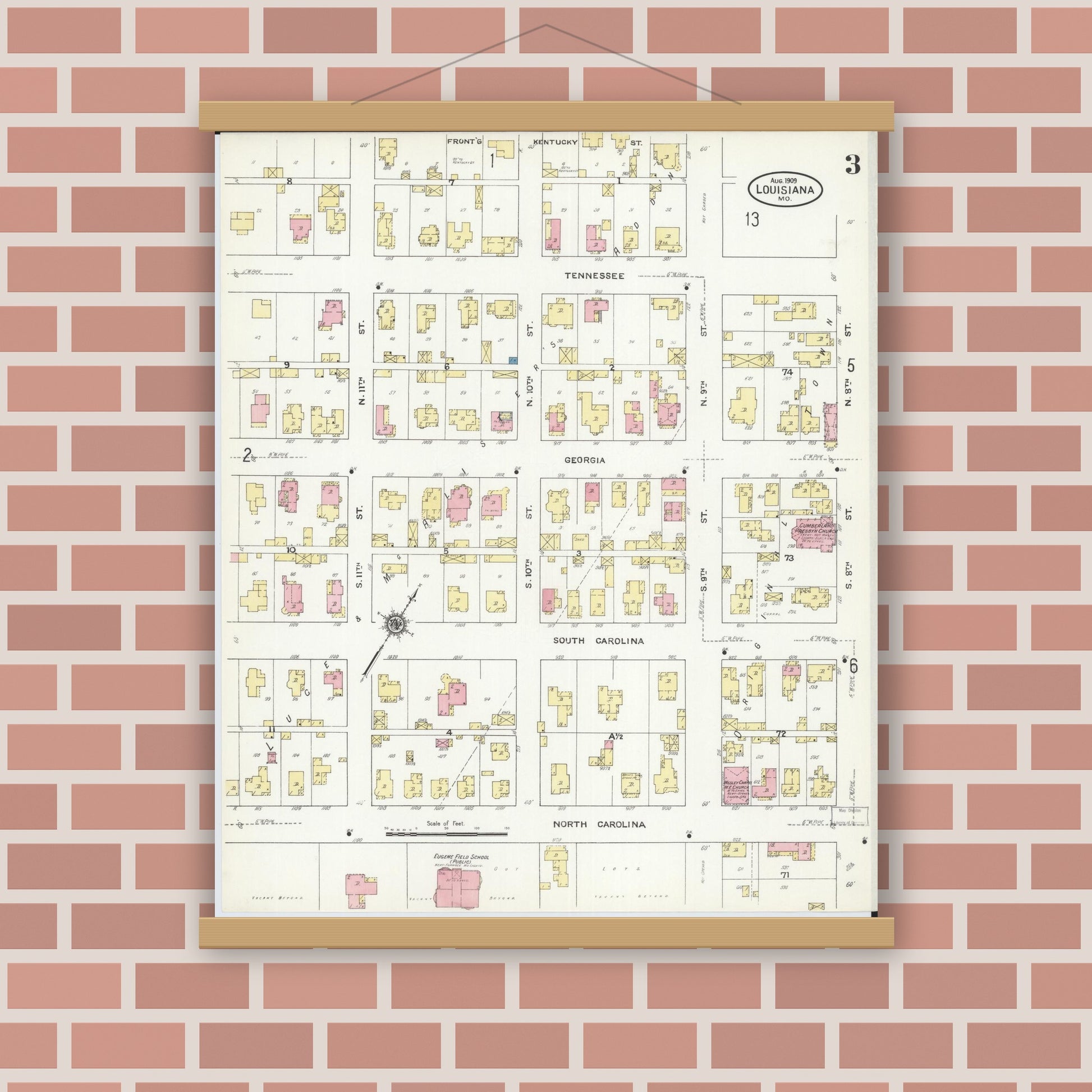 Old map wall art mockup — magnetic wood frame on brick wall — Sanborn Fire Insurance Map from Louisiana, Pike County, Missouri (1909), Sheet #0003