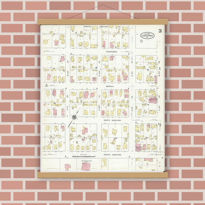 Old map wall art mockup — magnetic wood frame on brick wall — Sanborn Fire Insurance Map from Louisiana, Pike County, Missouri (1909), Sheet #0003