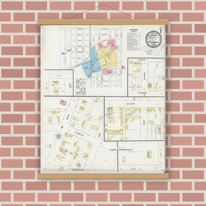 Old map wall art mockup — magnetic wood frame on brick wall — Sanborn Fire Insurance Map from Altamont, Effingham County, Illinois (1898), Sheet #0001