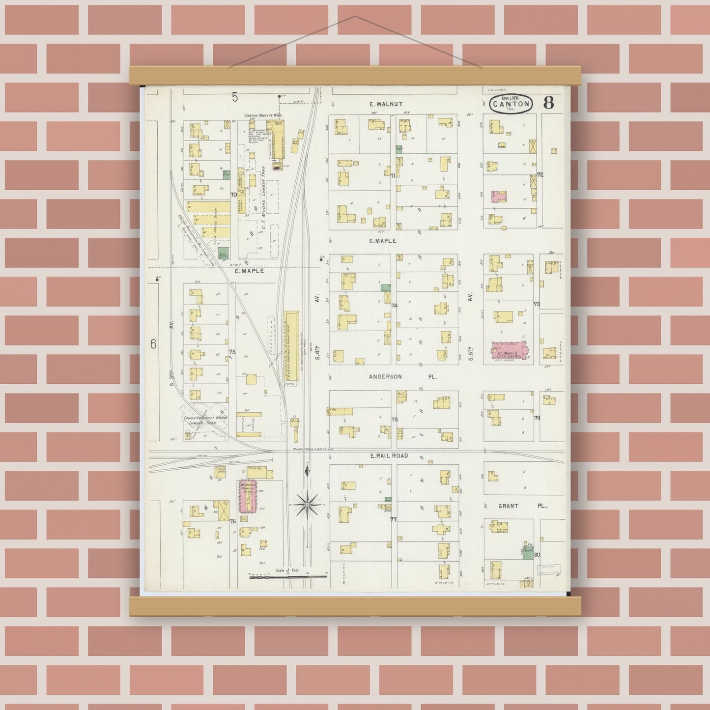 Old map wall art mockup — magnetic wood frame on brick wall — Sanborn Fire Insurance Map from Canton, Fulton County, Illinois (1896), Sheet #0008