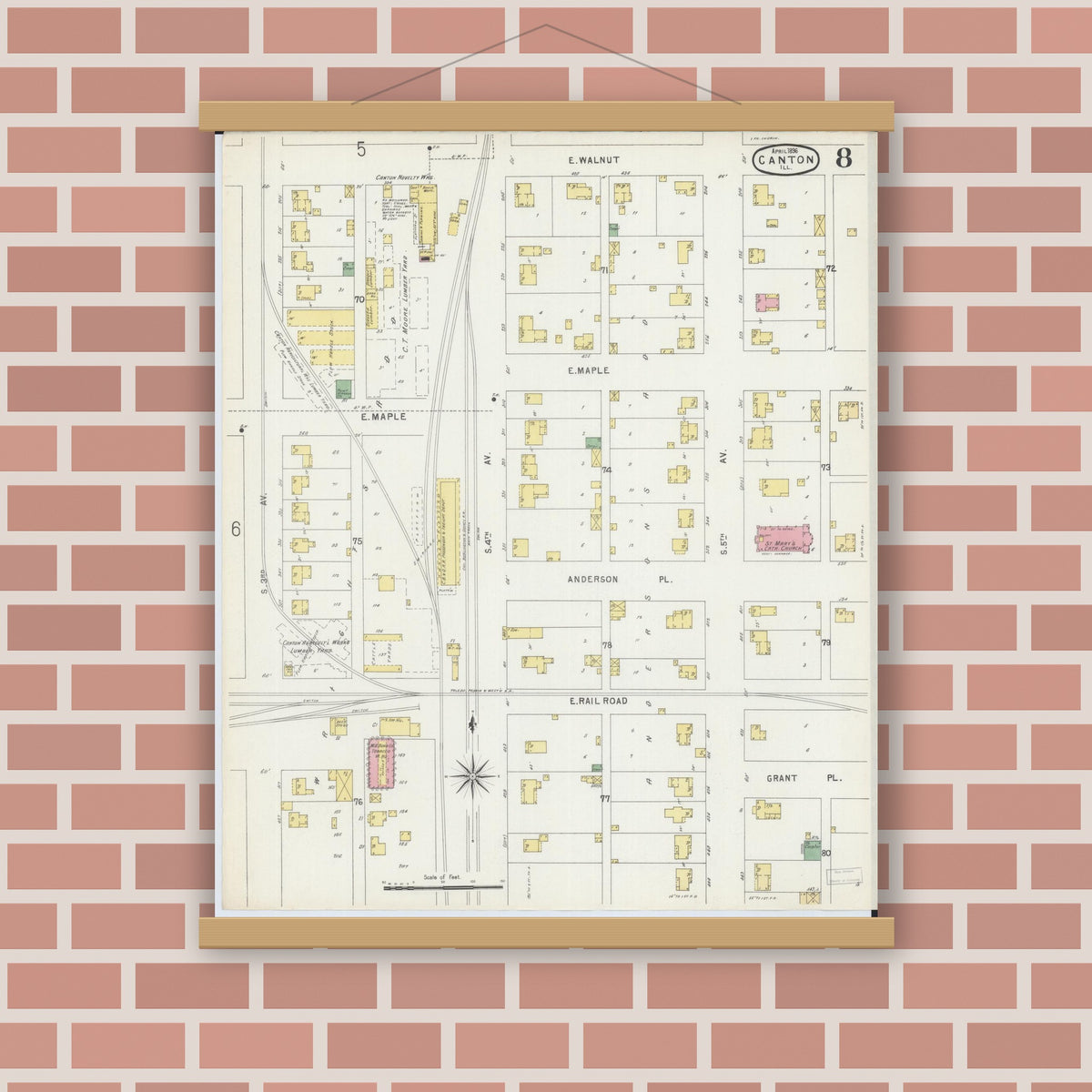 Old map wall art mockup — magnetic wood frame on brick wall — Sanborn Fire Insurance Map from Canton, Fulton County, Illinois (1896), Sheet #0008