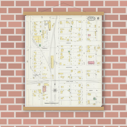 Old map wall art mockup — magnetic wood frame on brick wall — Sanborn Fire Insurance Map from Canton, Fulton County, Illinois (1896), Sheet #0008