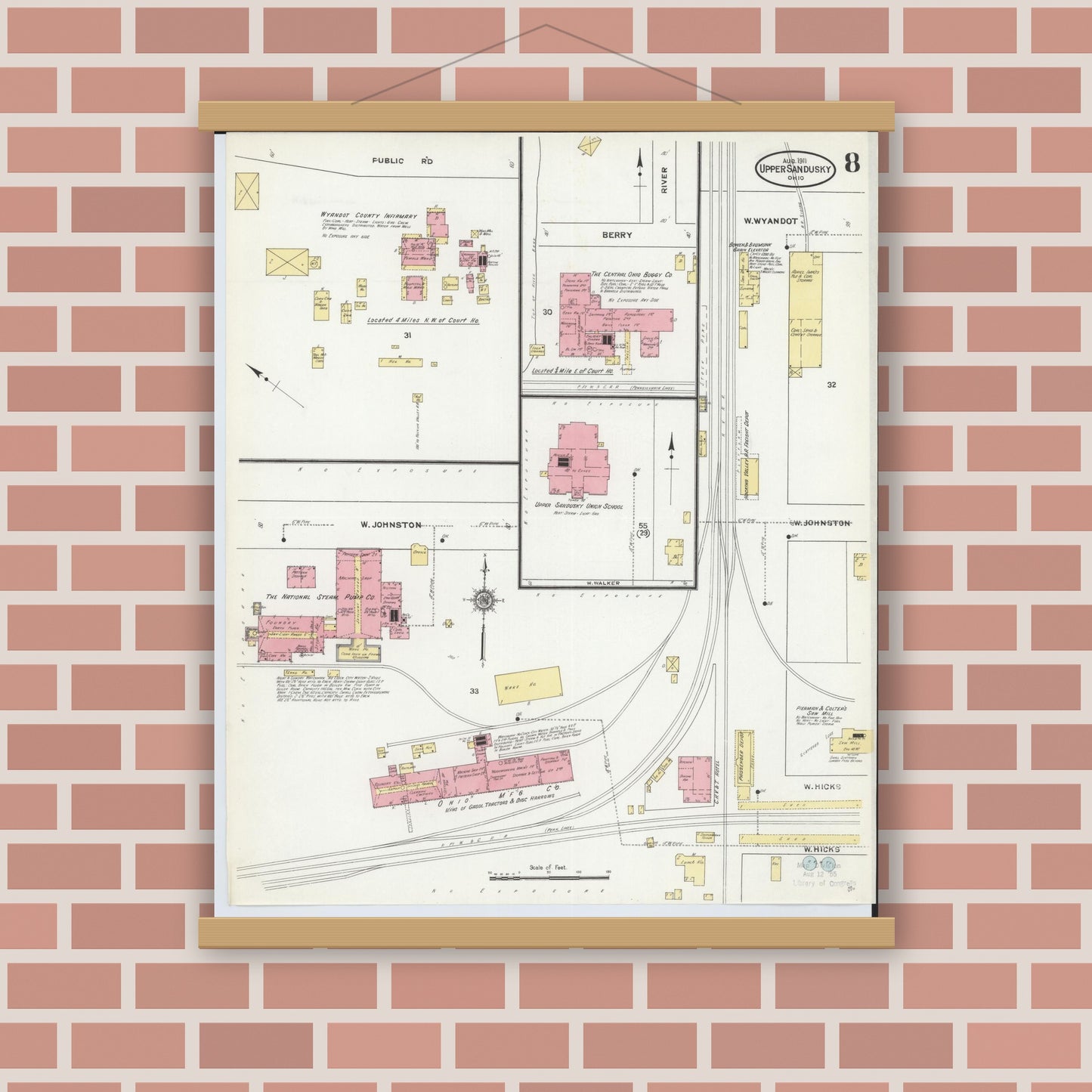 Old map wall art mockup — magnetic wood frame on brick wall — Sanborn Fire Insurance Map from Upper Sandusky, Wyandot County, Ohio (1911), Sheet #0008