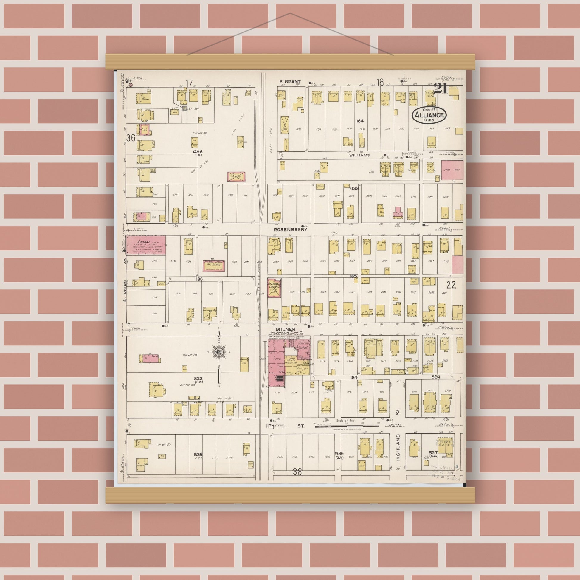 Old map wall art mockup — magnetic wood frame on brick wall — Sanborn Fire Insurance Map from Alliance, Stark County, Ohio (1921), Sheet #0021