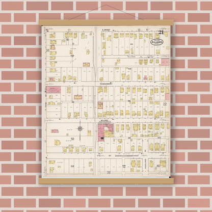 Old map wall art mockup — magnetic wood frame on brick wall — Sanborn Fire Insurance Map from Alliance, Stark County, Ohio (1921), Sheet #0021