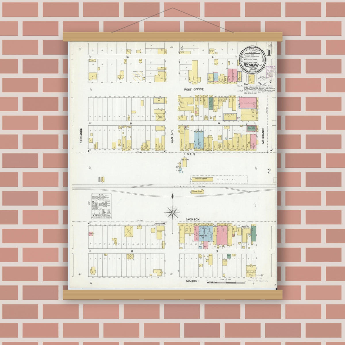 Old map wall art mockup — magnetic wood frame on brick wall — Sanborn Fire Insurance Map from Weimar, Colorado County, Texas (1901), Sheet #0001