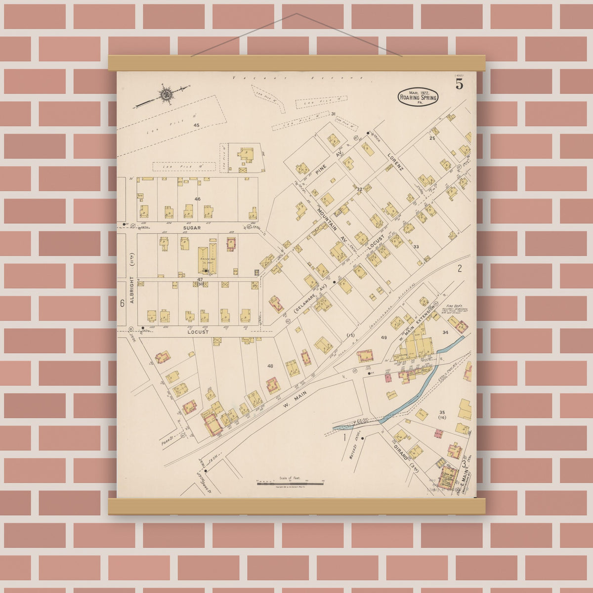 Old map wall art mockup — magnetic wood frame on brick wall — Sanborn Fire Insurance Map from Roaring Spring, Blair County, Pennsylvania (1922), Sheet #0005