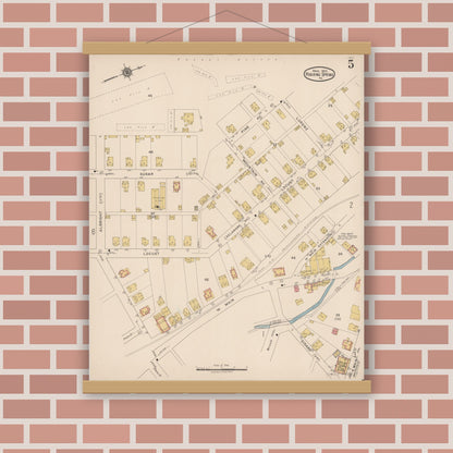 Old map wall art mockup — magnetic wood frame on brick wall — Sanborn Fire Insurance Map from Roaring Spring, Blair County, Pennsylvania (1922), Sheet #0005