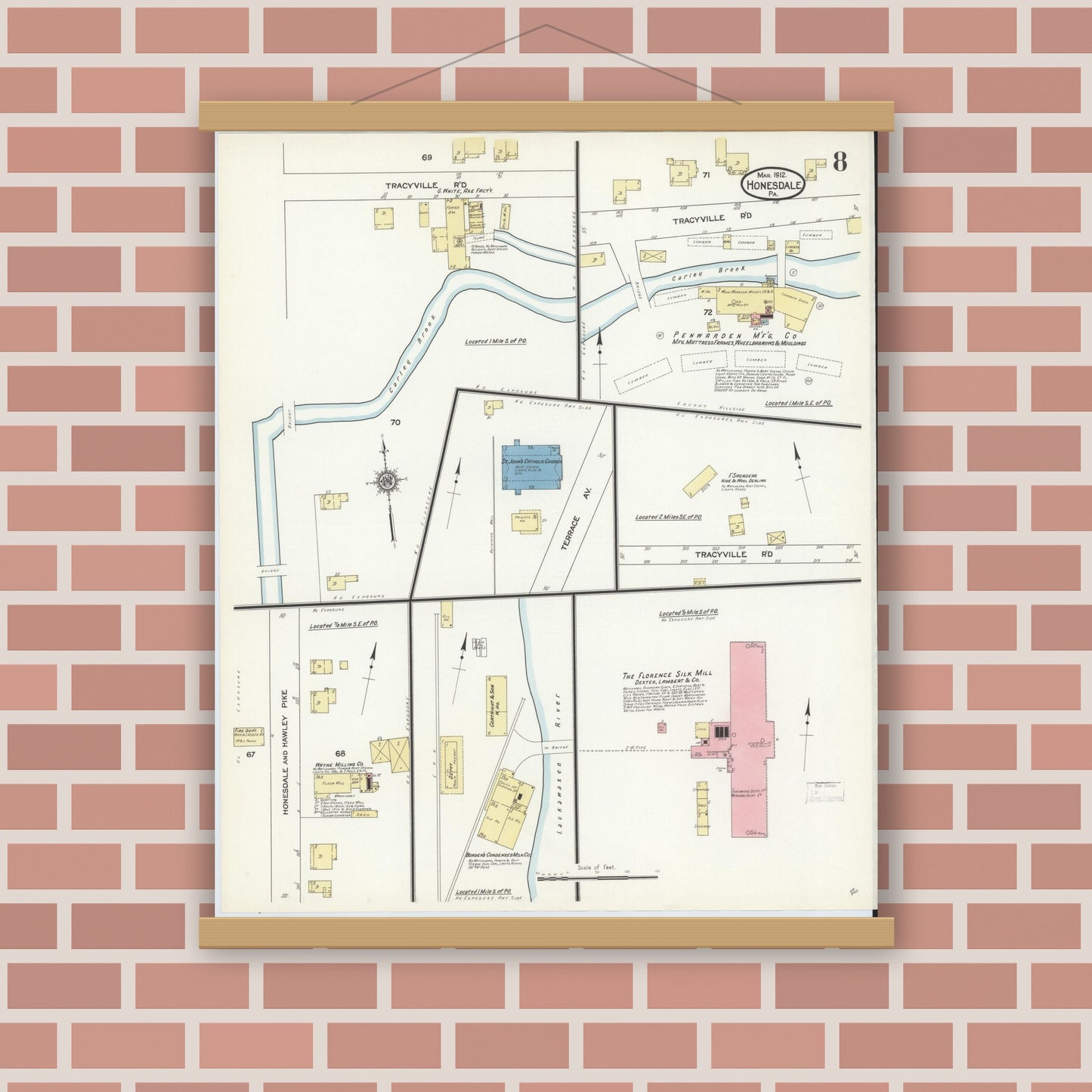 Old map wall art mockup — magnetic wood frame on brick wall — Sanborn Fire Insurance Map from Honesdale, Wayne County, Pennsylvania (1912), Sheet #0008