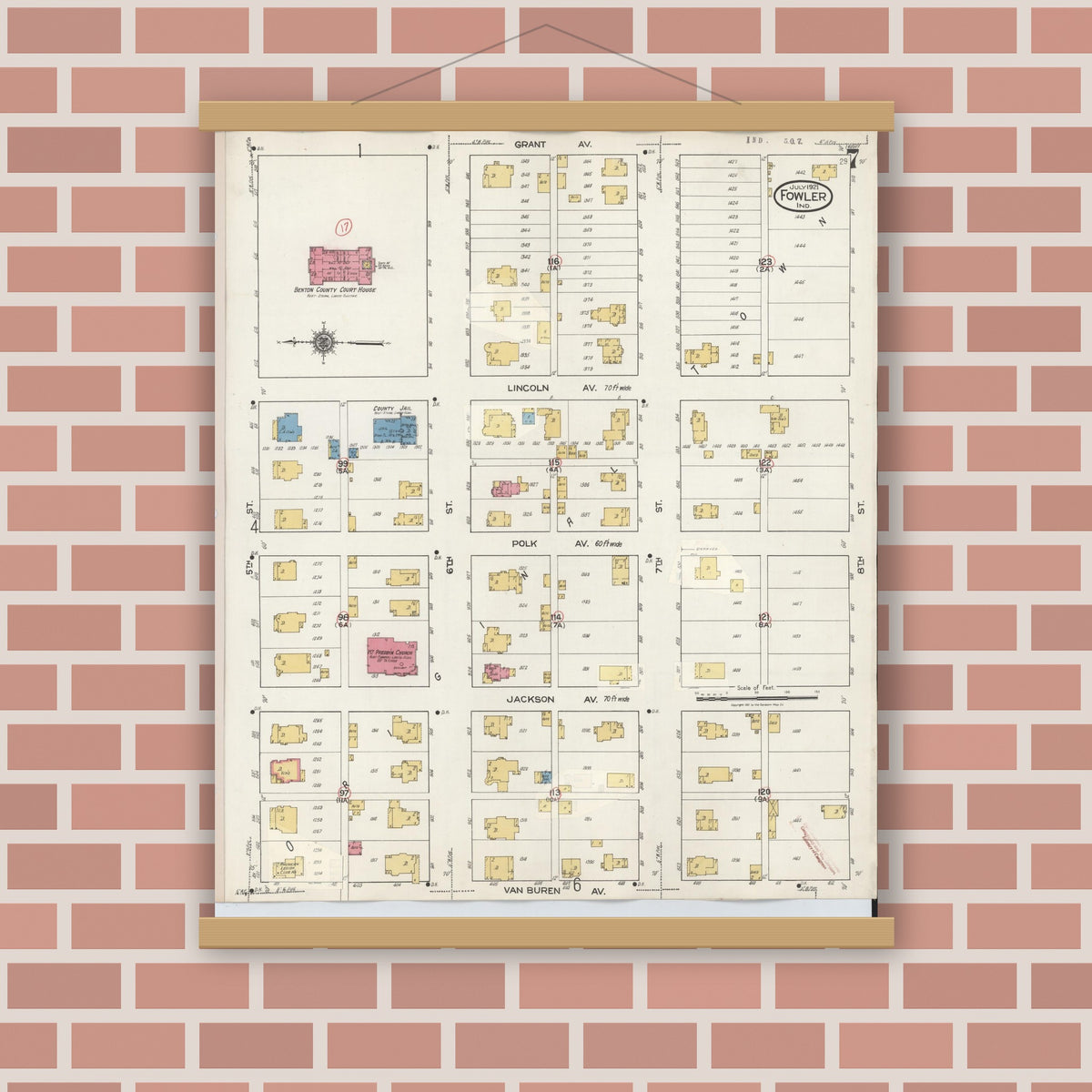 Old map wall art mockup — magnetic wood frame on brick wall — Sanborn Fire Insurance Map from Fowler, Benton County, Indiana (1932), Sheet #0007