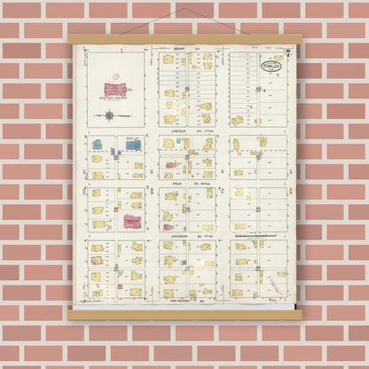 Old map wall art mockup — magnetic wood frame on brick wall — Sanborn Fire Insurance Map from Fowler, Benton County, Indiana (1932), Sheet #0007