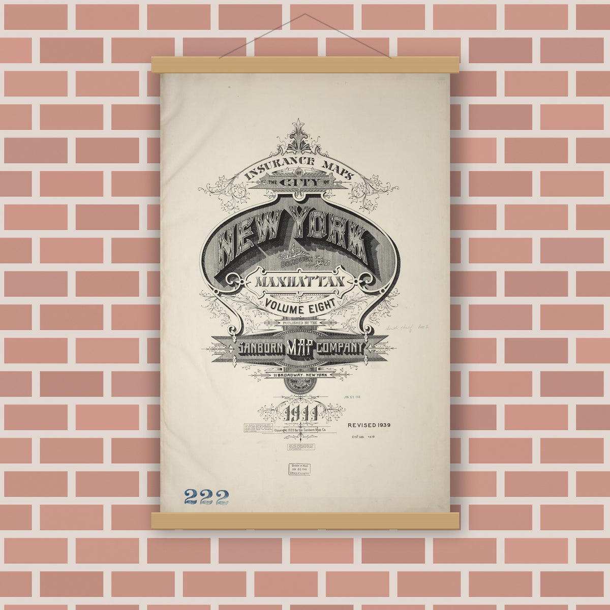 Old map wall art mockup — magnetic wood frame on brick wall — Sanborn Fire Insurance Map from New York, Bronx, Manhattan, New York (1939), Sheet #0001