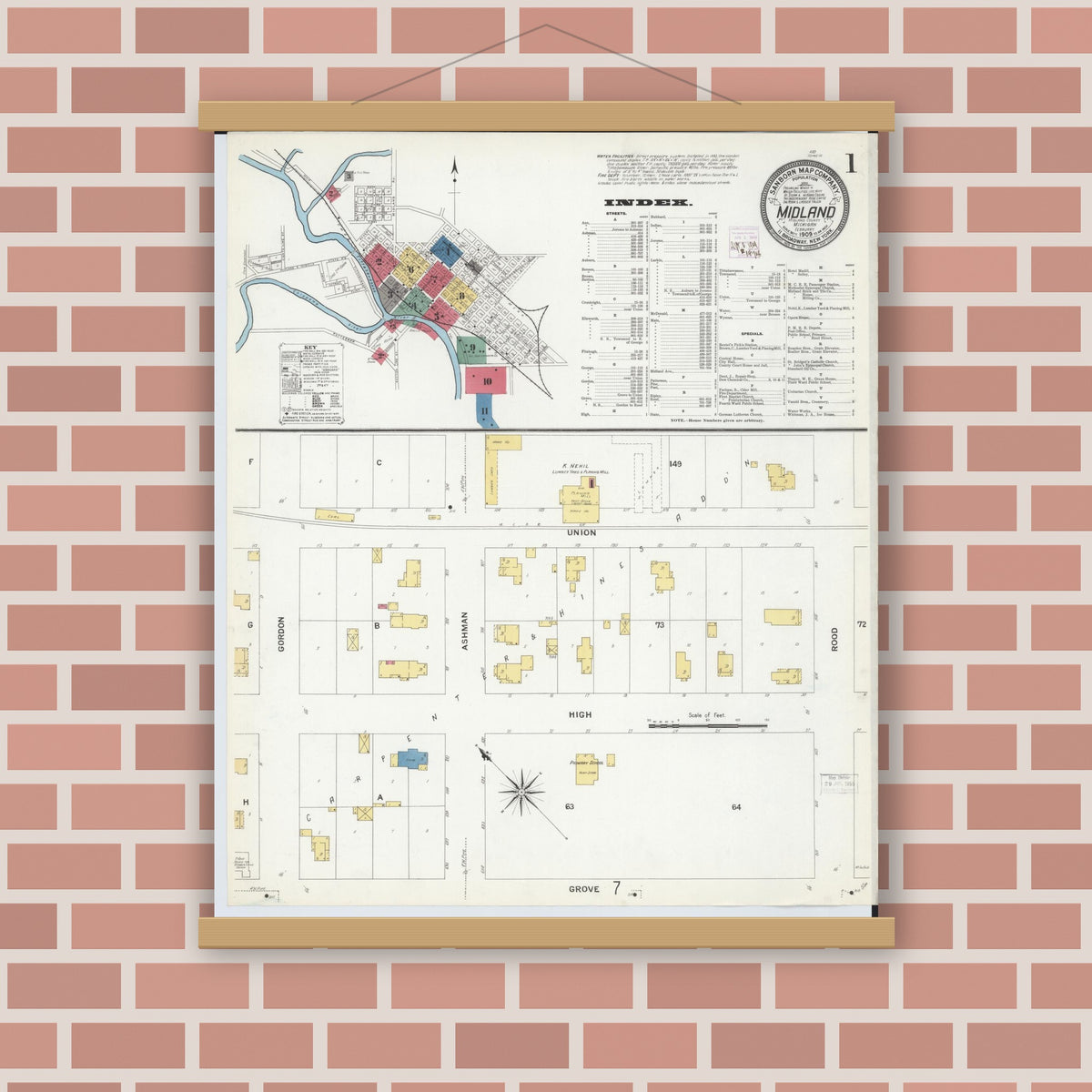 Old map wall art mockup — magnetic wood frame on brick wall — Sanborn Fire Insurance Map from Midland, Midland County, Michigan (1909), Sheet #0001