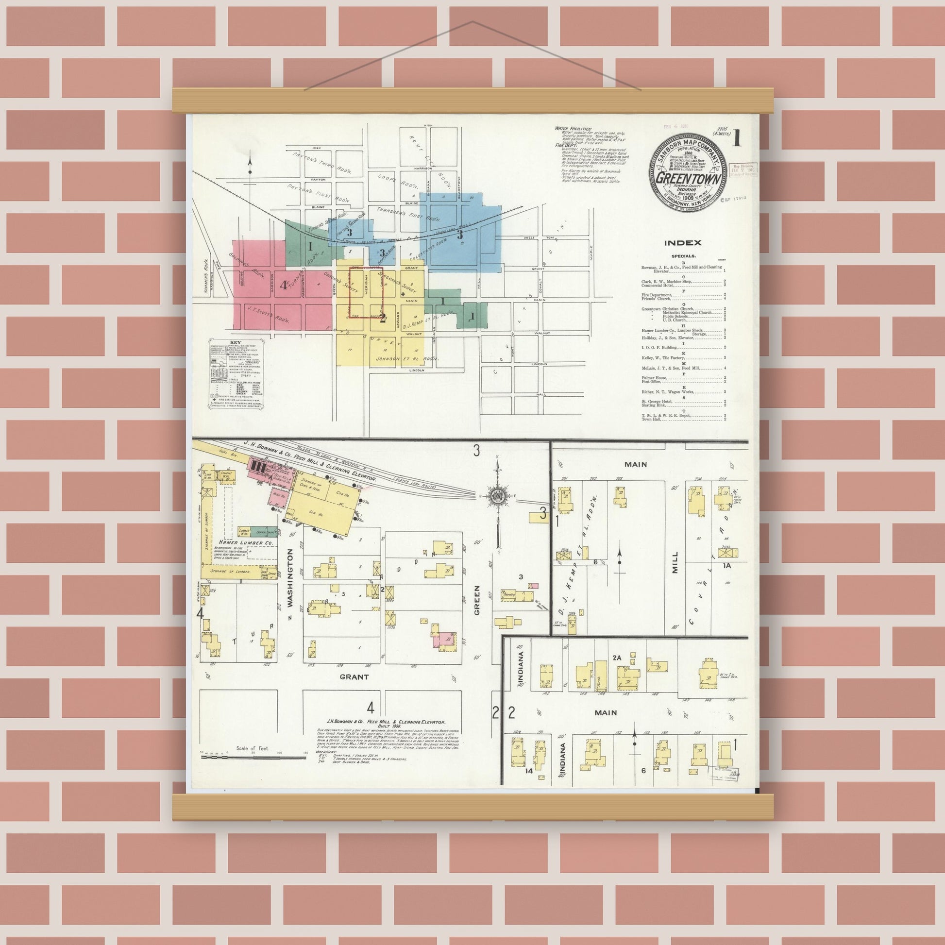 Old map wall art mockup — magnetic wood frame on brick wall — Sanborn Fire Insurance Map from Greentown, Howard County, Indiana (1909) - Complete Map Set