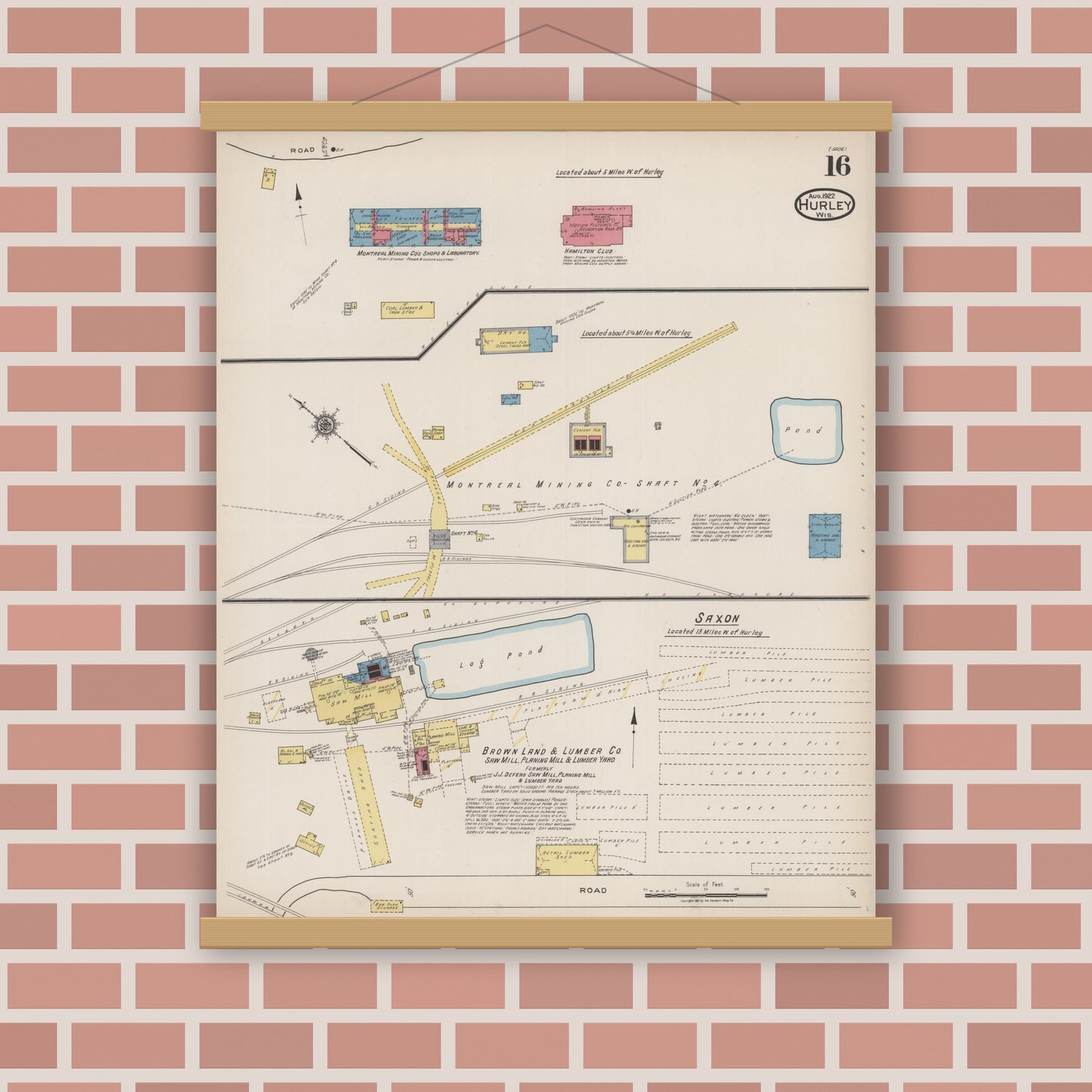 Old map wall art mockup — magnetic wood frame on brick wall — Sanborn Fire Insurance Map from Hurley, Iron County, Wisconsin (1922), Sheet #0016