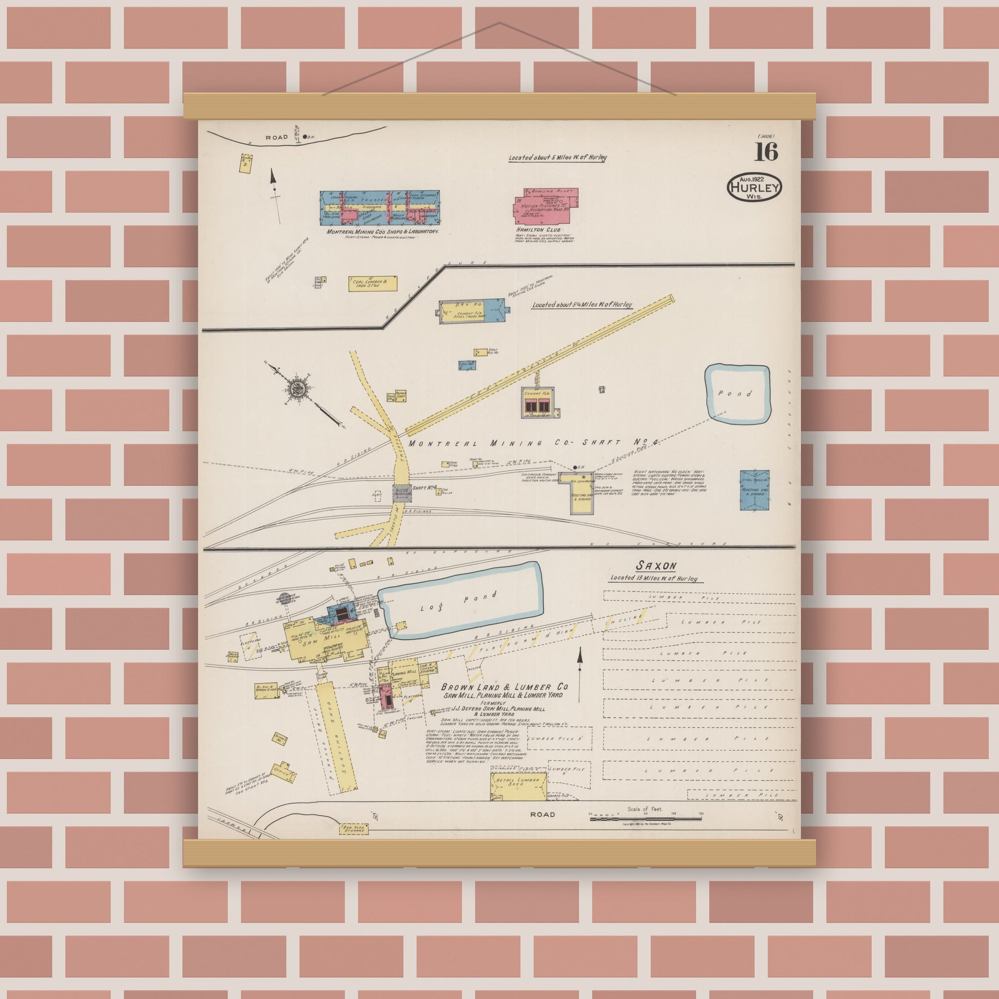 Old map wall art mockup — magnetic wood frame on brick wall — Sanborn Fire Insurance Map from Hurley, Iron County, Wisconsin (1922), Sheet #0016
