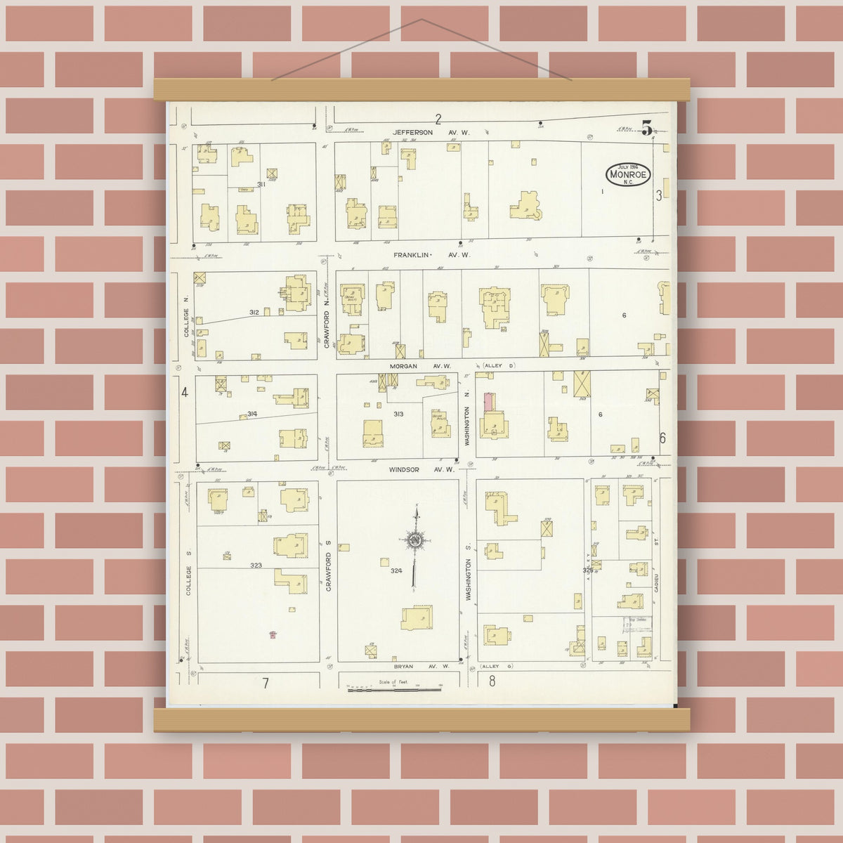 Old map wall art mockup — magnetic wood frame on brick wall — Sanborn Fire Insurance Map from Monroe, Union County, North Carolina (1914), Sheet #0005