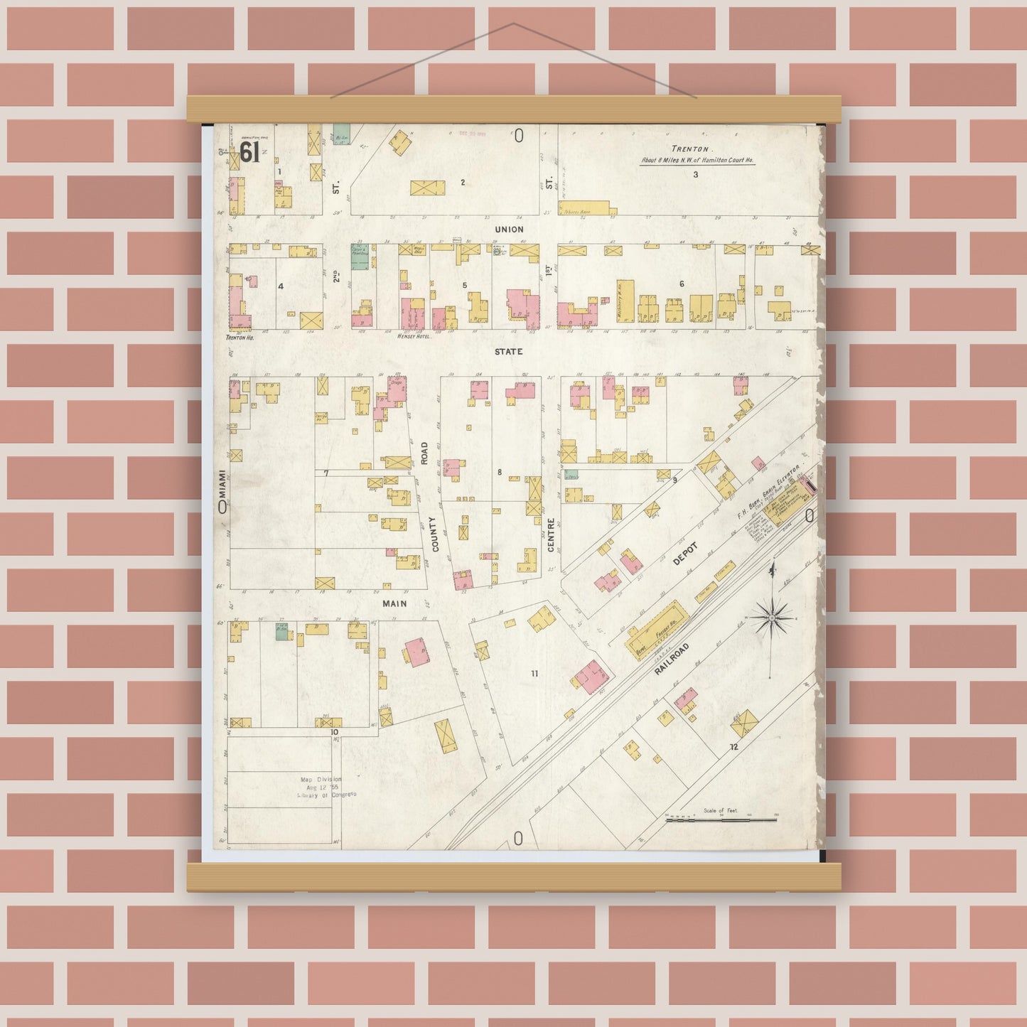 Old map wall art mockup — magnetic wood frame on brick wall — Sanborn Fire Insurance Map from Hamilton, Butler County, Ohio (1899), Sheet #0061