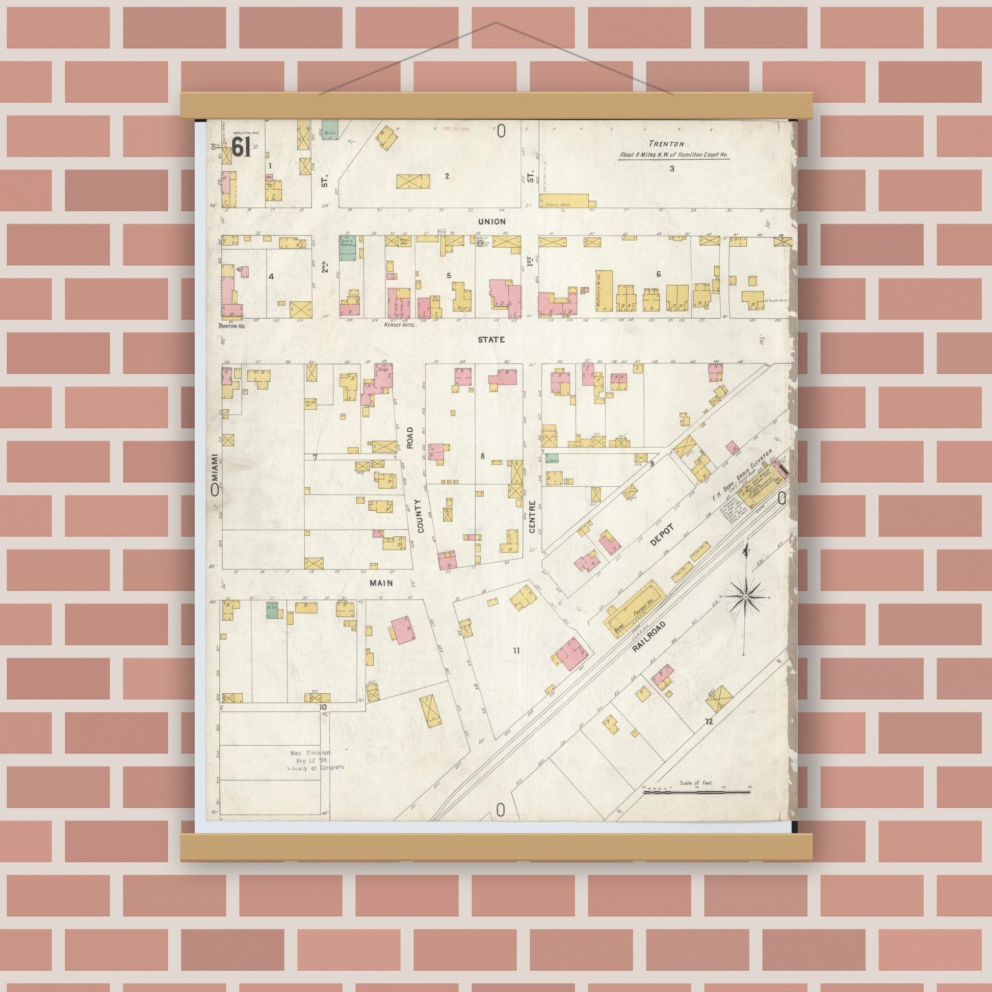 Old map wall art mockup — magnetic wood frame on brick wall — Sanborn Fire Insurance Map from Hamilton, Butler County, Ohio (1899), Sheet #0061