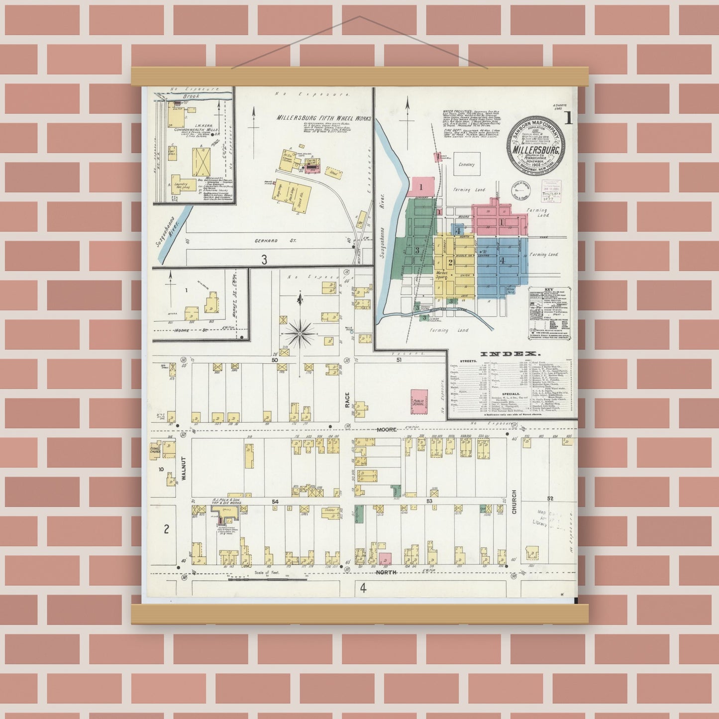 Old map wall art mockup — magnetic wood frame on brick wall — Sanborn Fire Insurance Map from Millersburg, Dauphin County, Pennsylvania (1902), Sheet #0001