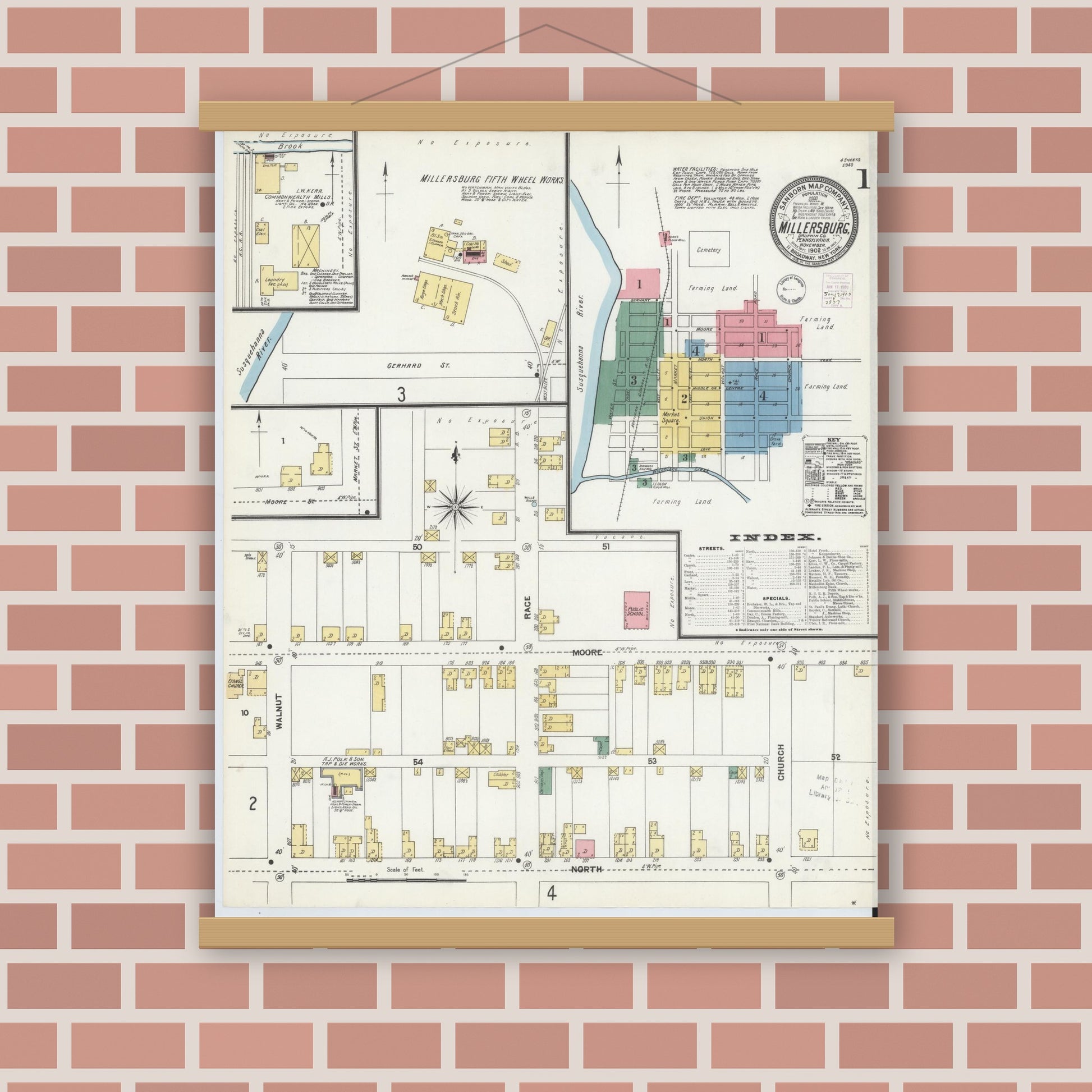 Old map wall art mockup — magnetic wood frame on brick wall — Sanborn Fire Insurance Map from Millersburg, Dauphin County, Pennsylvania (1902), Sheet #0001