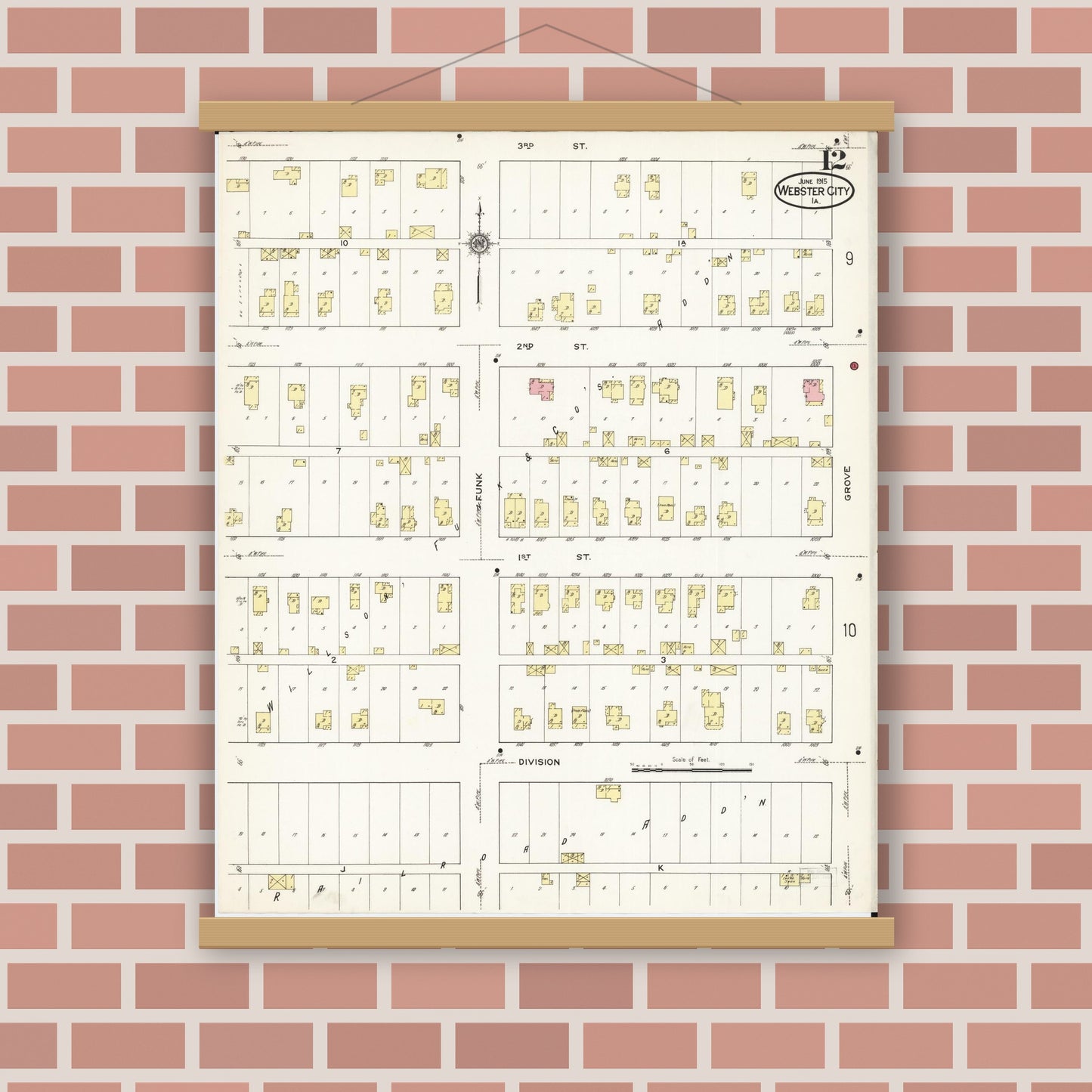 Old map wall art mockup — magnetic wood frame on brick wall — Sanborn Fire Insurance Map from Webster City, Hamilton County, Iowa (1915), Sheet #0012