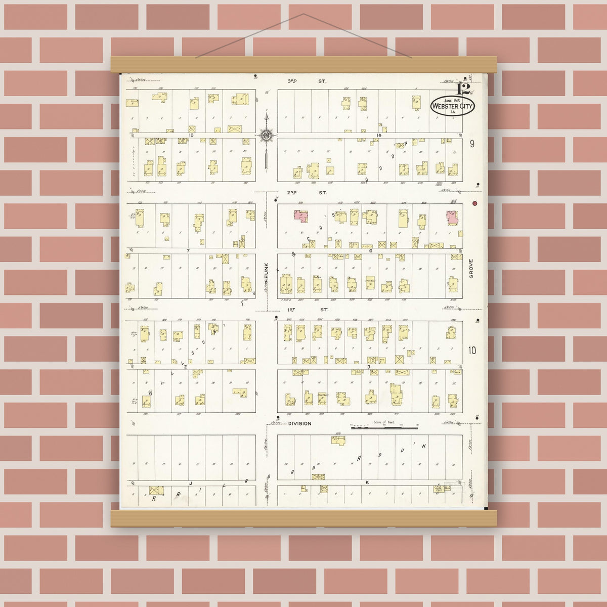 Old map wall art mockup — magnetic wood frame on brick wall — Sanborn Fire Insurance Map from Webster City, Hamilton County, Iowa (1915), Sheet #0012