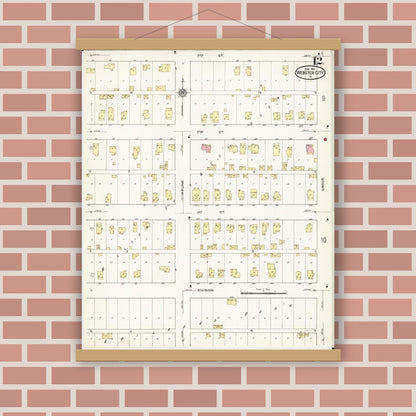 Old map wall art mockup — magnetic wood frame on brick wall — Sanborn Fire Insurance Map from Webster City, Hamilton County, Iowa (1915), Sheet #0012