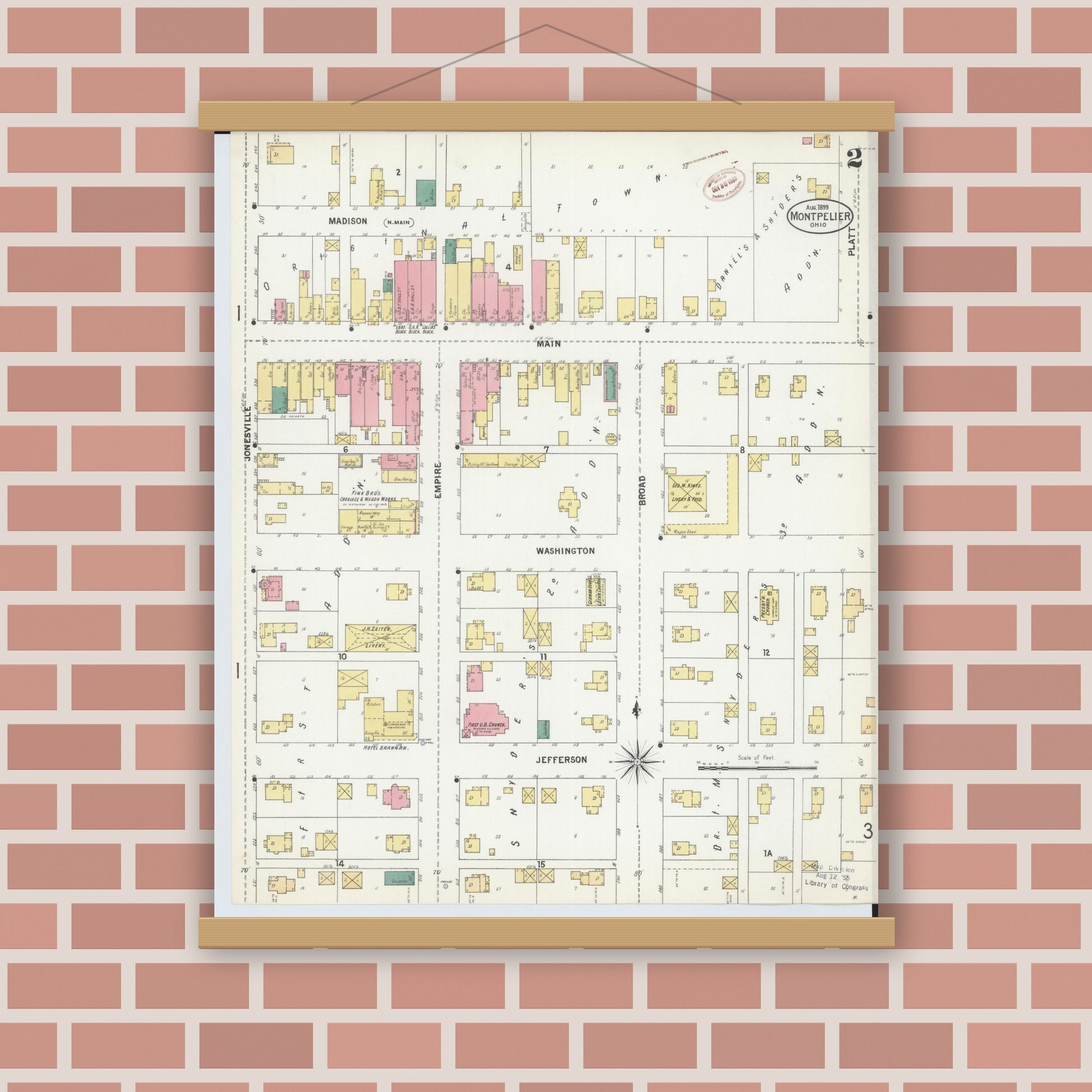 Old map wall art mockup — magnetic wood frame on brick wall — Sanborn Fire Insurance Map from Montpelier, Williams County, Ohio (1899), Sheet #0002