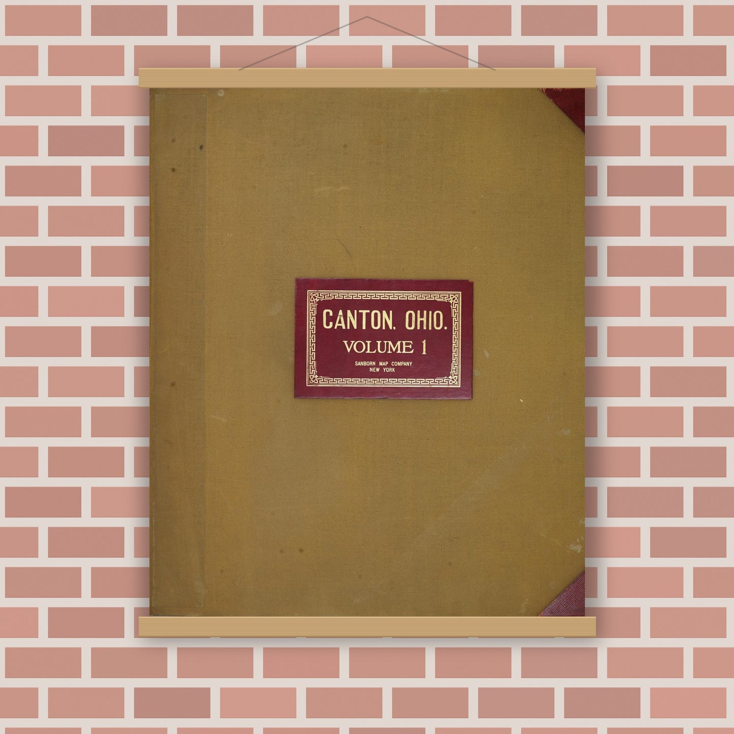 Old map wall art mockup — magnetic wood frame on brick wall — Sanborn Fire Insurance Map from Canton, Stark County, Ohio (1950), Sheet #0001